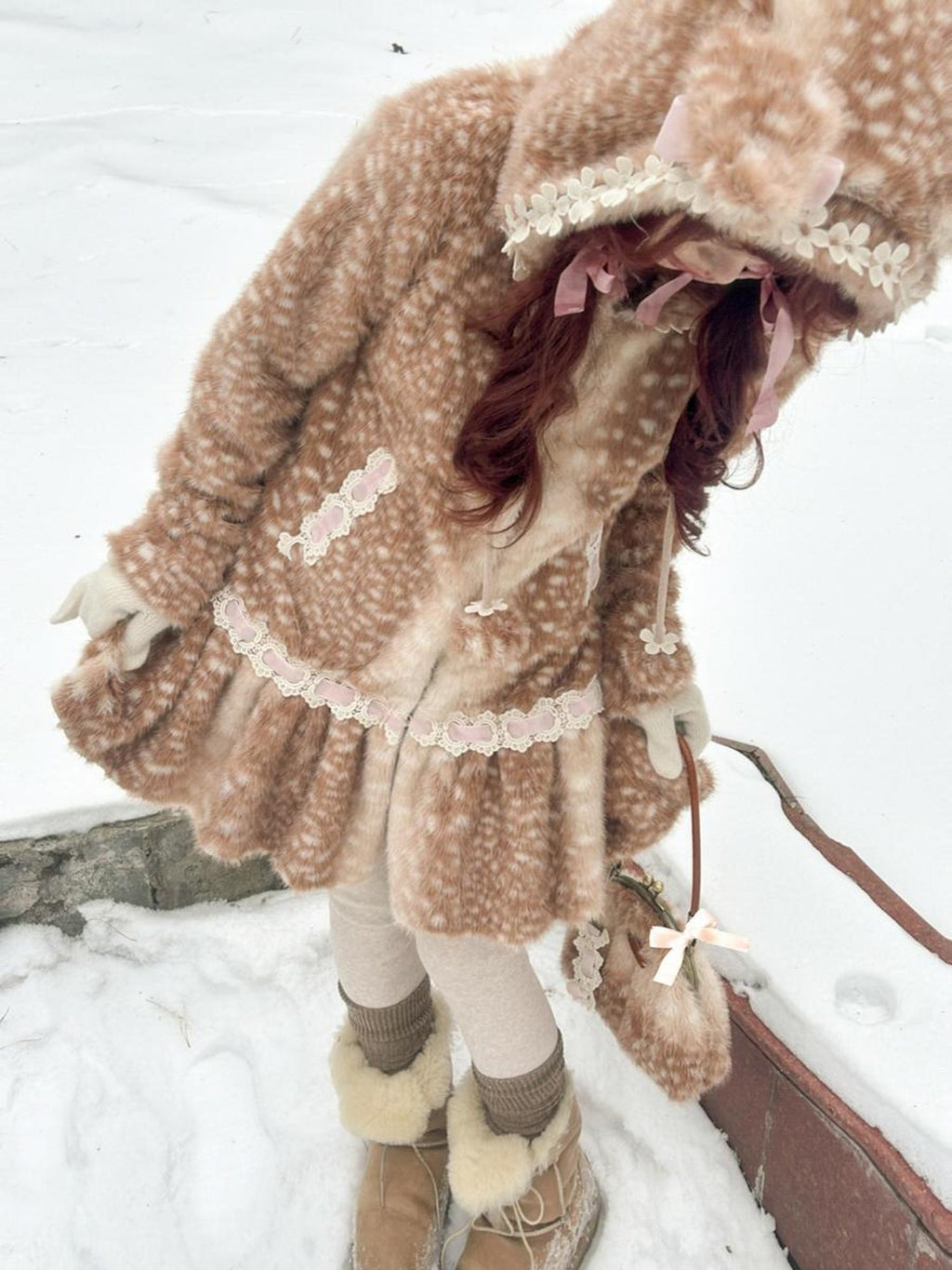 Rose island Fairycore Deer Print Hooded Skirt Hem Women's Faux Fur Coats
