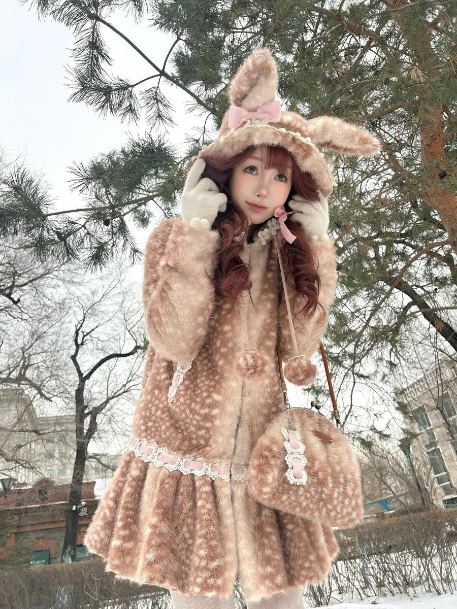 Rose island Fairycore Deer Print Hooded Skirt Hem Women's Faux Fur Coats