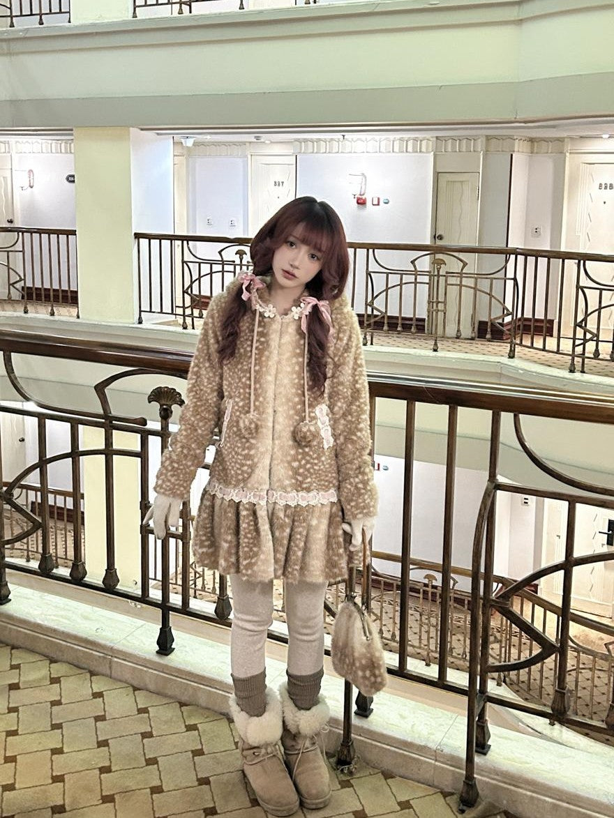 Rose island Fairycore Deer Print Hooded Skirt Hem Women's Faux Fur Coats