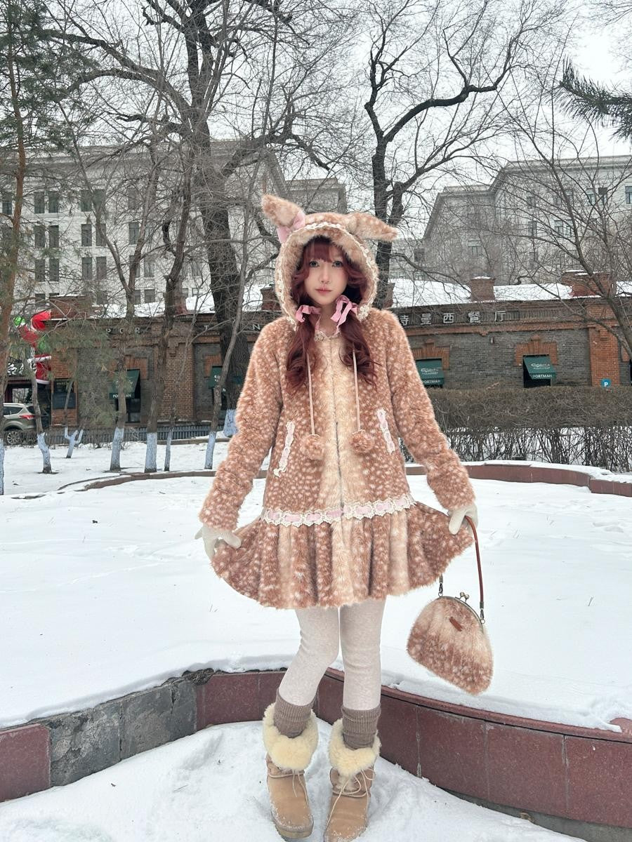 Rose island Fairycore Deer Print Hooded Skirt Hem Women's Faux Fur Coats