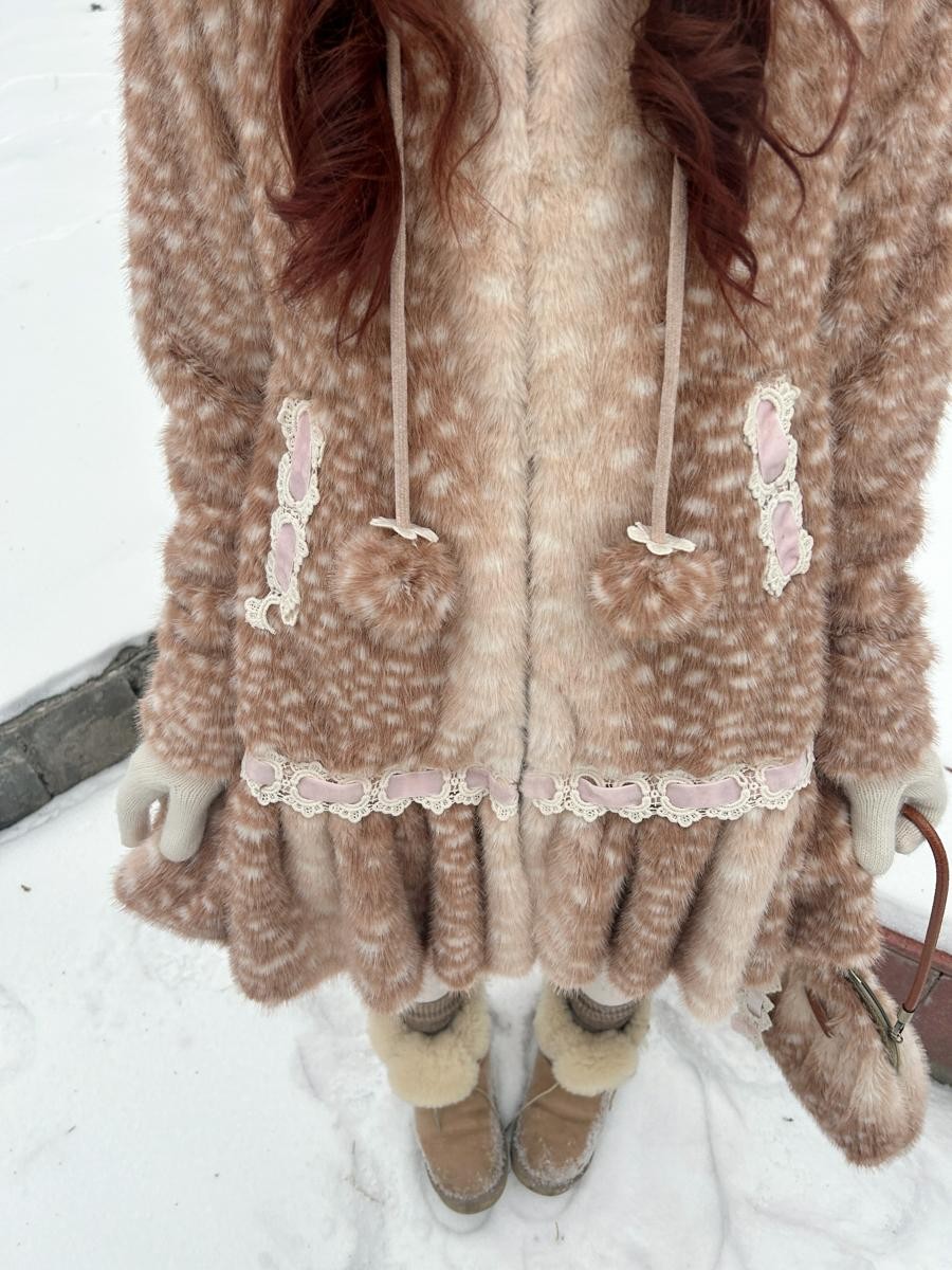 Rose island Fairycore Deer Print Hooded Skirt Hem Women's Faux Fur Coats