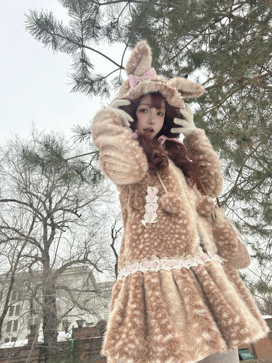 Rose island Fairycore Deer Print Hooded Skirt Hem Women's Faux Fur Coats