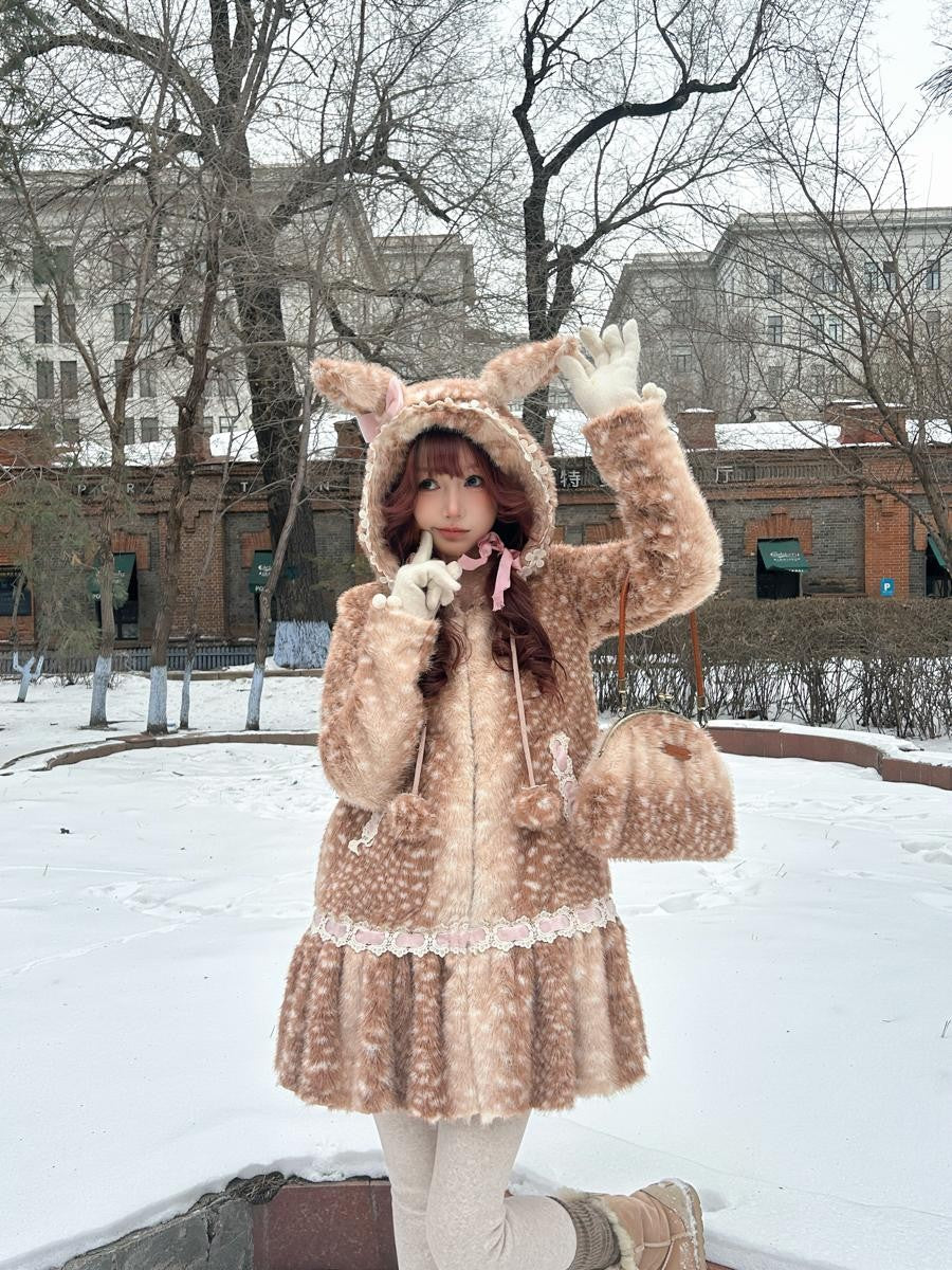 Rose island Fairycore Deer Print Hooded Skirt Hem Women's Faux Fur Coats