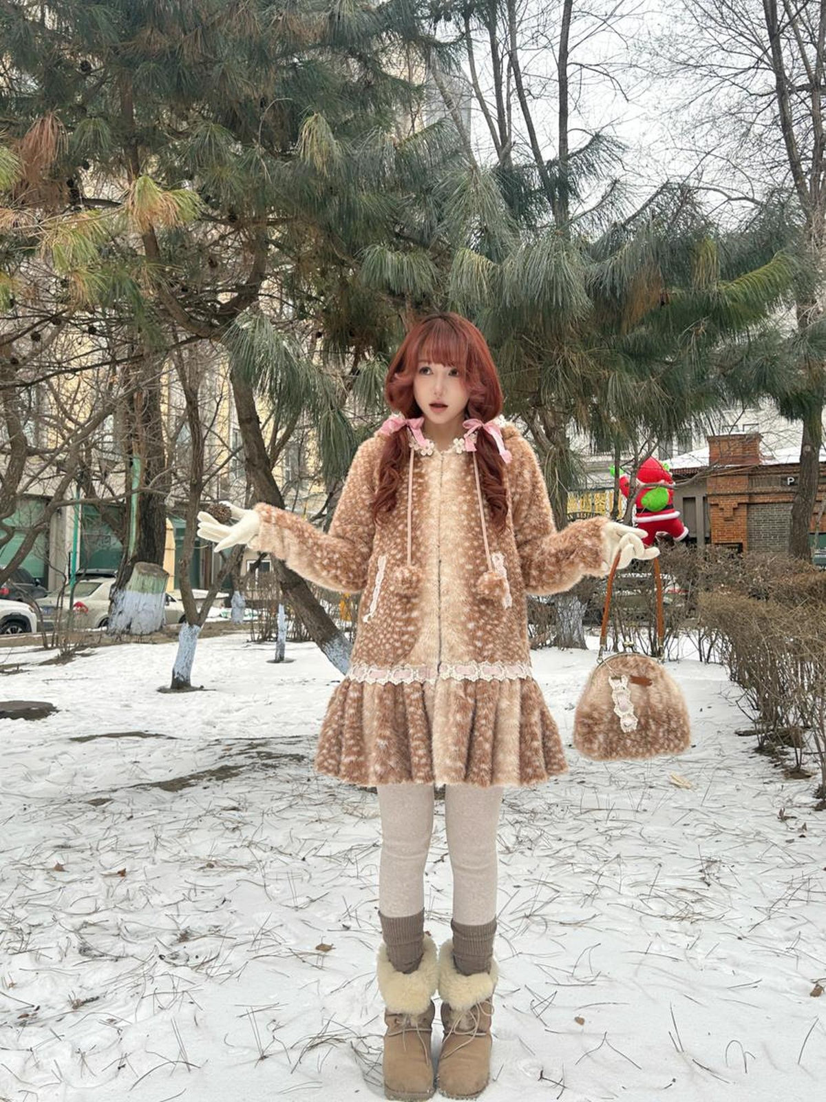 Rose island Fairycore Deer Print Hooded Skirt Hem Women's Faux Fur Coats