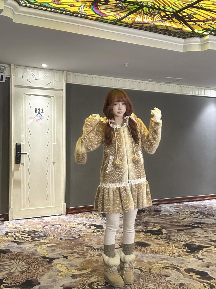 Rose island Fairycore Deer Print Hooded Skirt Hem Women's Faux Fur Coats