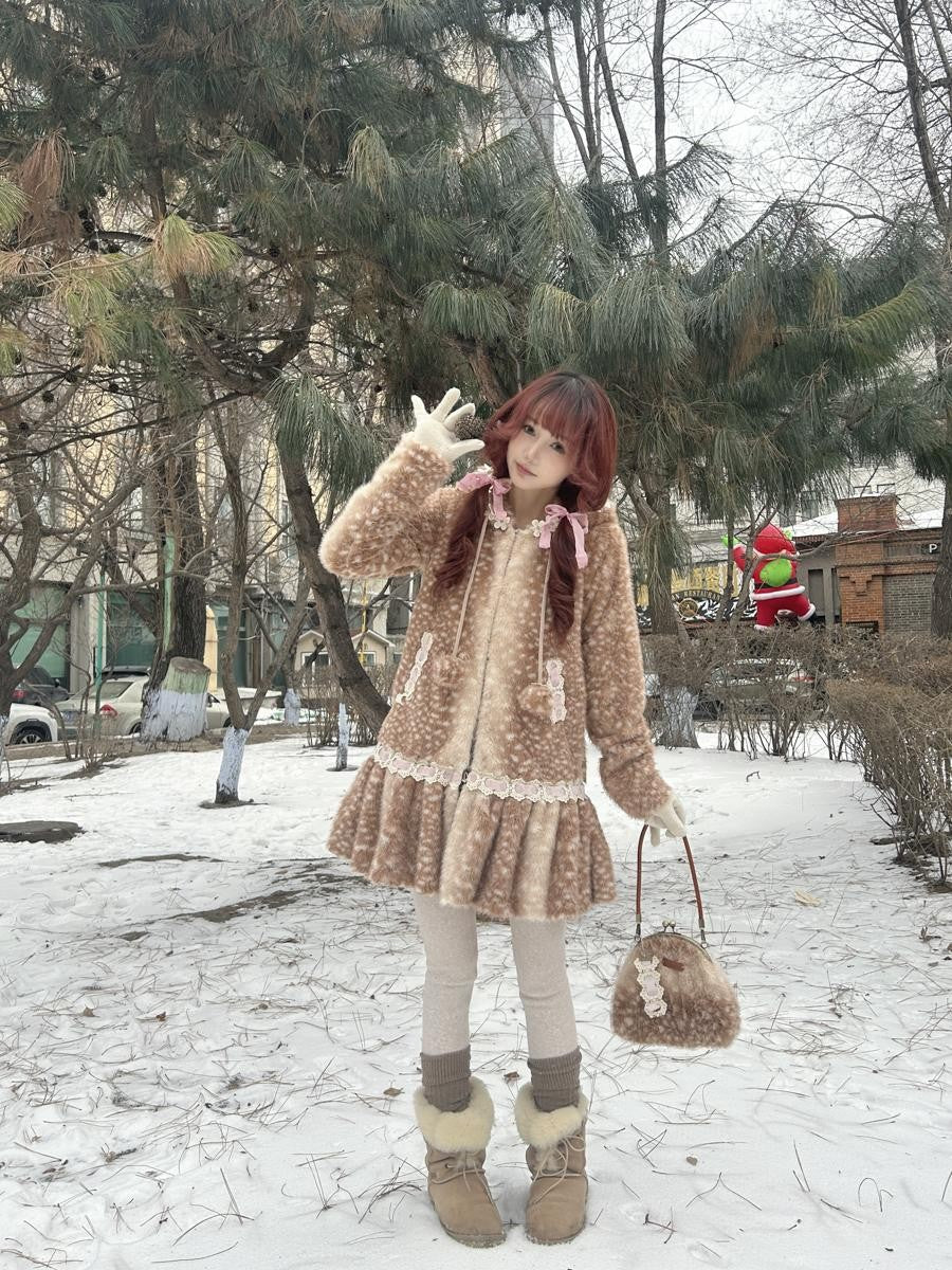 Rose island Fairycore Deer Print Hooded Skirt Hem Women's Faux Fur Coats