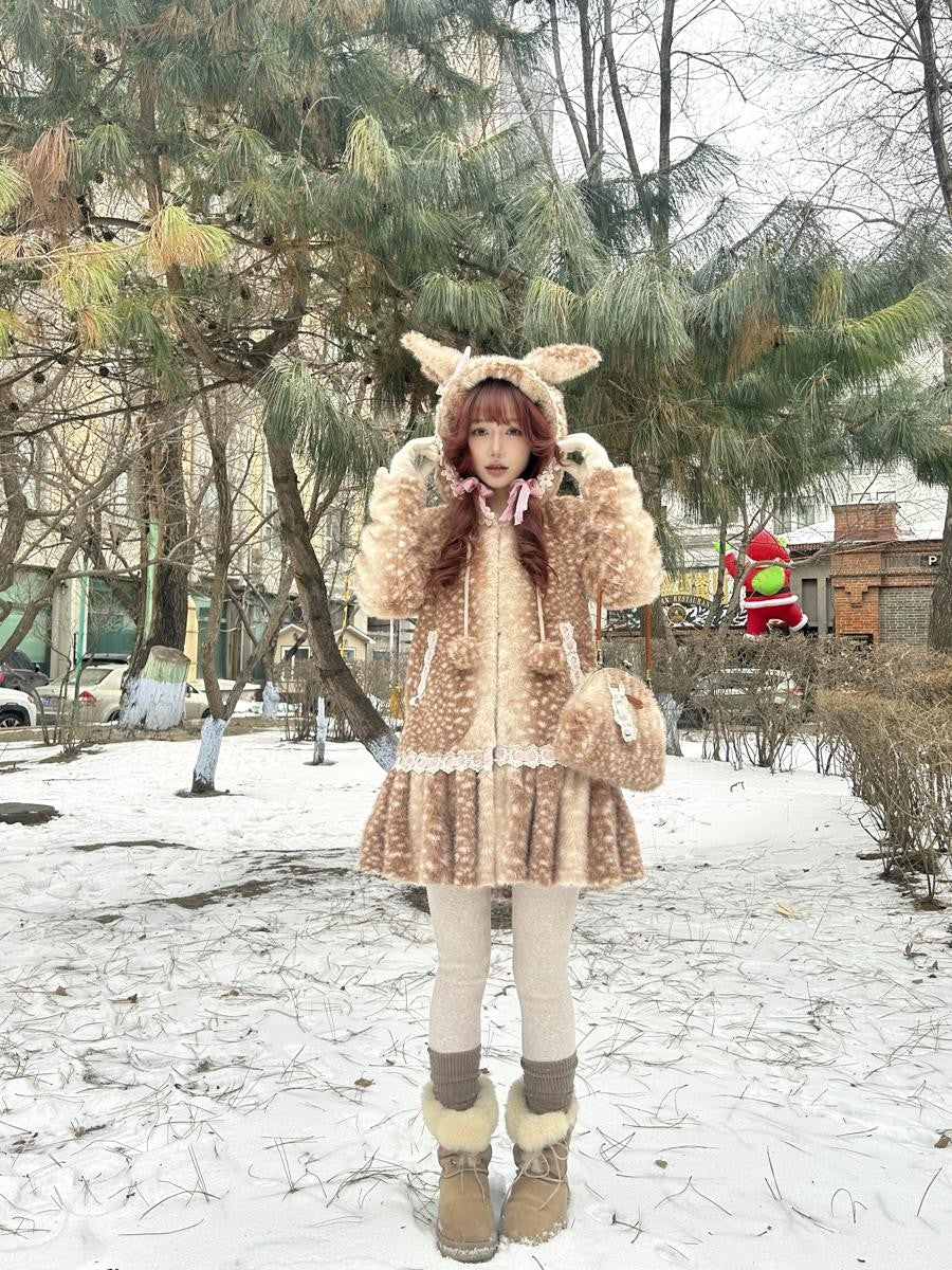 Rose island Fairycore Deer Print Hooded Skirt Hem Women's Faux Fur Coats