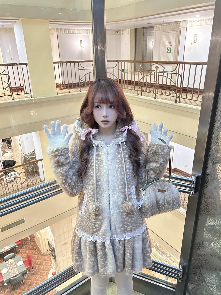 Rose island Fairycore Deer Print Hooded Skirt Hem Women's Faux Fur Coats