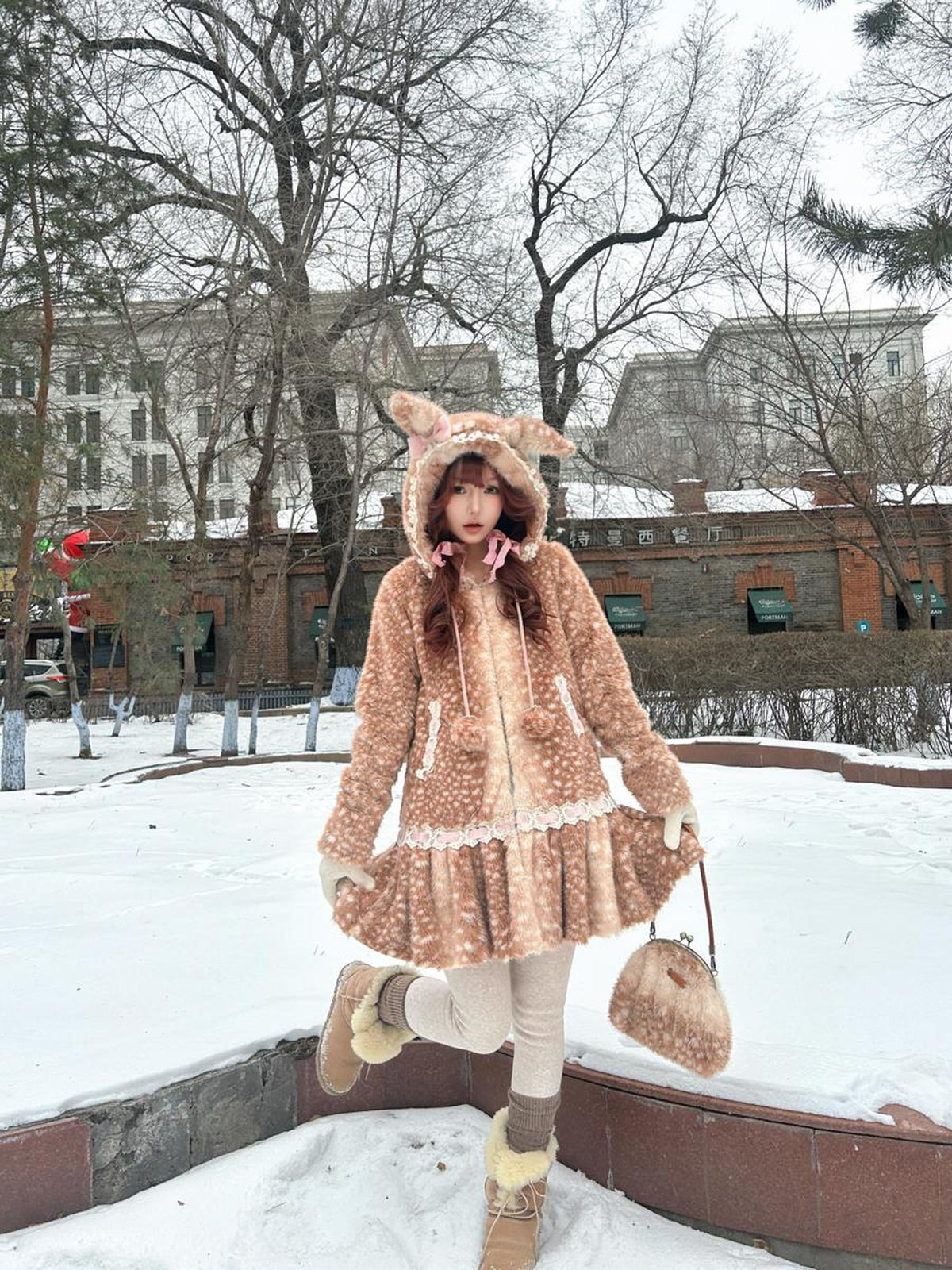 Rose island Fairycore Deer Print Hooded Skirt Hem Women's Faux Fur Coats