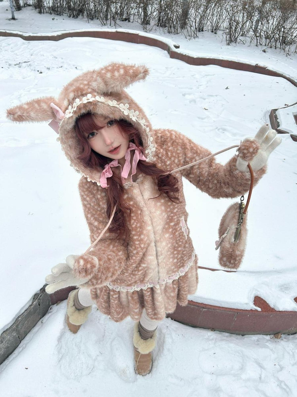 Rose island Fairycore Deer Print Hooded Skirt Hem Women's Faux Fur Coats