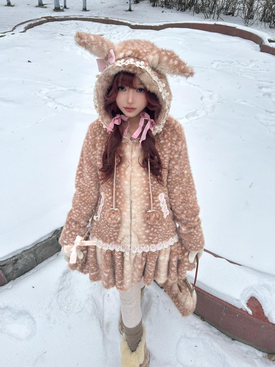 Rose island Fairycore Deer Print Hooded Skirt Hem Women's Faux Fur Coats