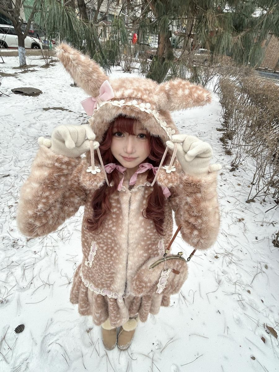 Rose island Fairycore Deer Print Hooded Skirt Hem Women's Faux Fur Coats