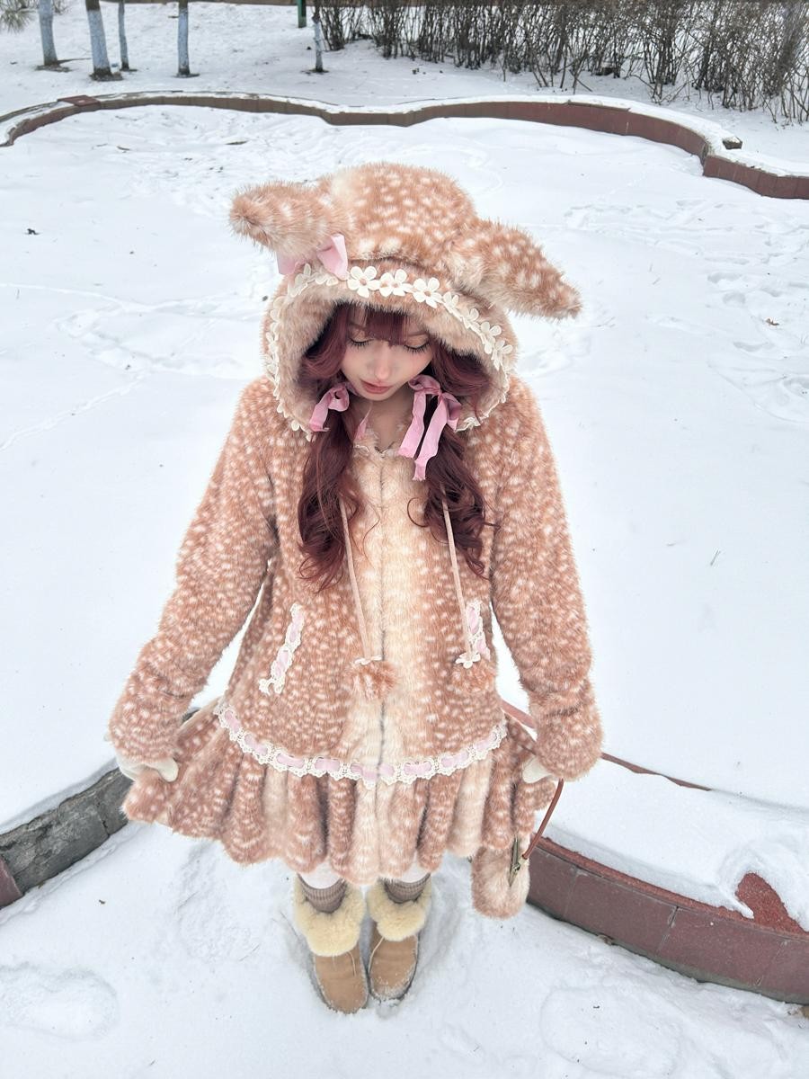 Rose island Fairycore Deer Print Hooded Skirt Hem Women's Faux Fur Coats