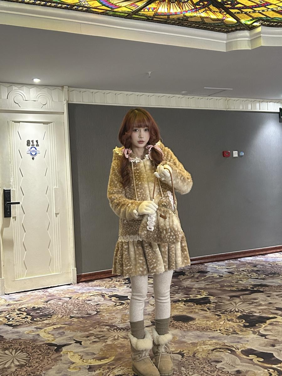 Rose island Fairycore Deer Print Hooded Skirt Hem Women's Faux Fur Coats