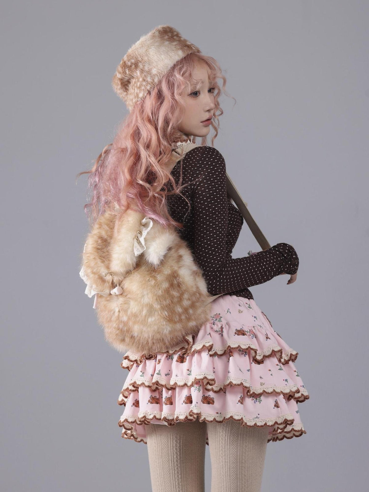 Rose island Faux Fur Deer Animal Bucket Women's Backpacks