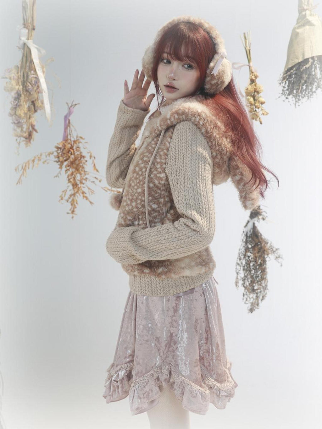 Rose island Faux Fur Floral Deer Print Hooded Long Sleeve Zip Up Women's Cardigans