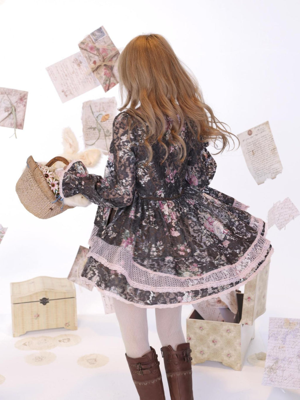 Rose island Floral Flocked Cutout Long Sleeve Women's Polyester Babydoll Midi Dresses