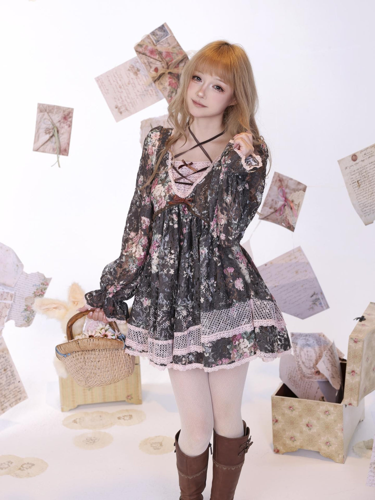 Rose island Floral Flocked Cutout Long Sleeve Women's Polyester Babydoll Midi Dresses