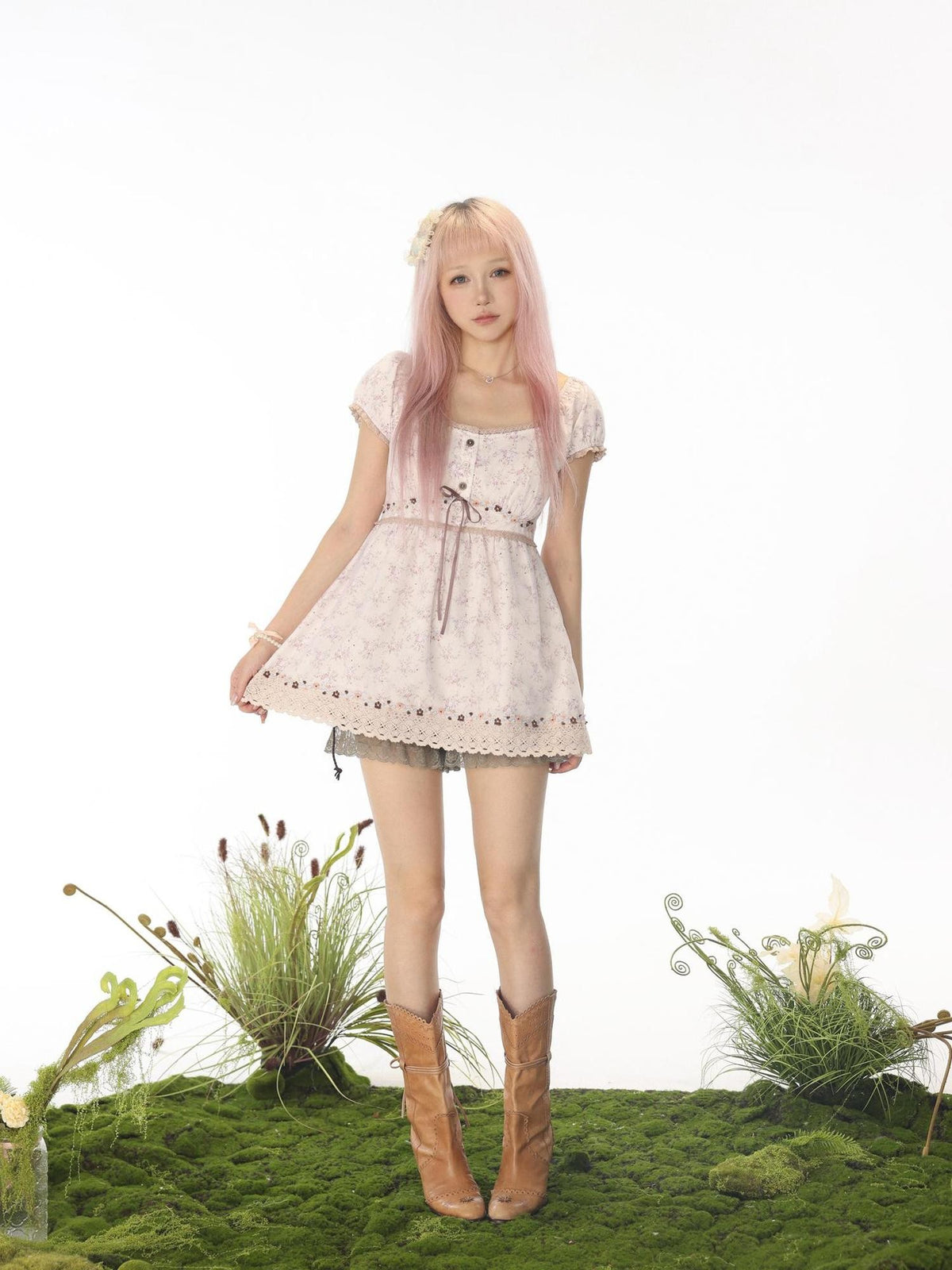 Rose island Floral Print Layered Mesh Lantern Sleeve Women's Cotton A Line Casual Mini Dresses