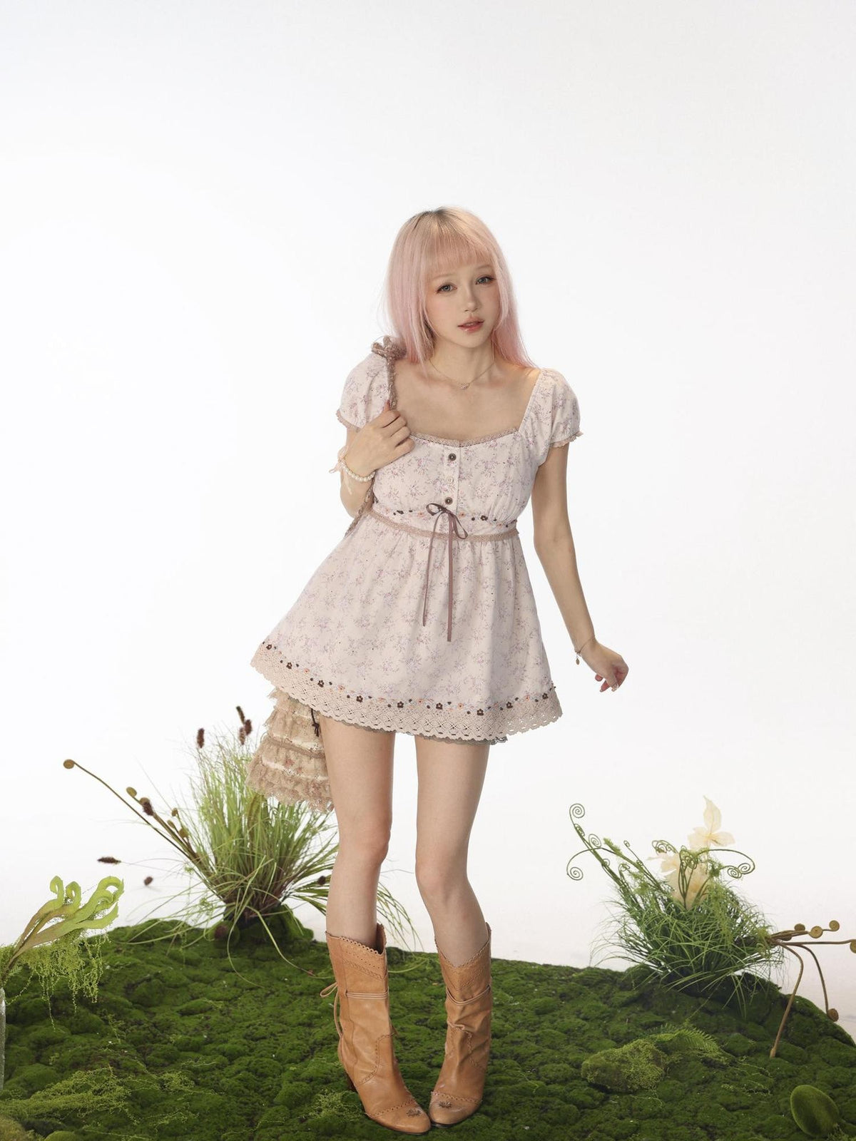 Rose island Floral Print Layered Mesh Lantern Sleeve Women's Cotton A Line Casual Mini Dresses
