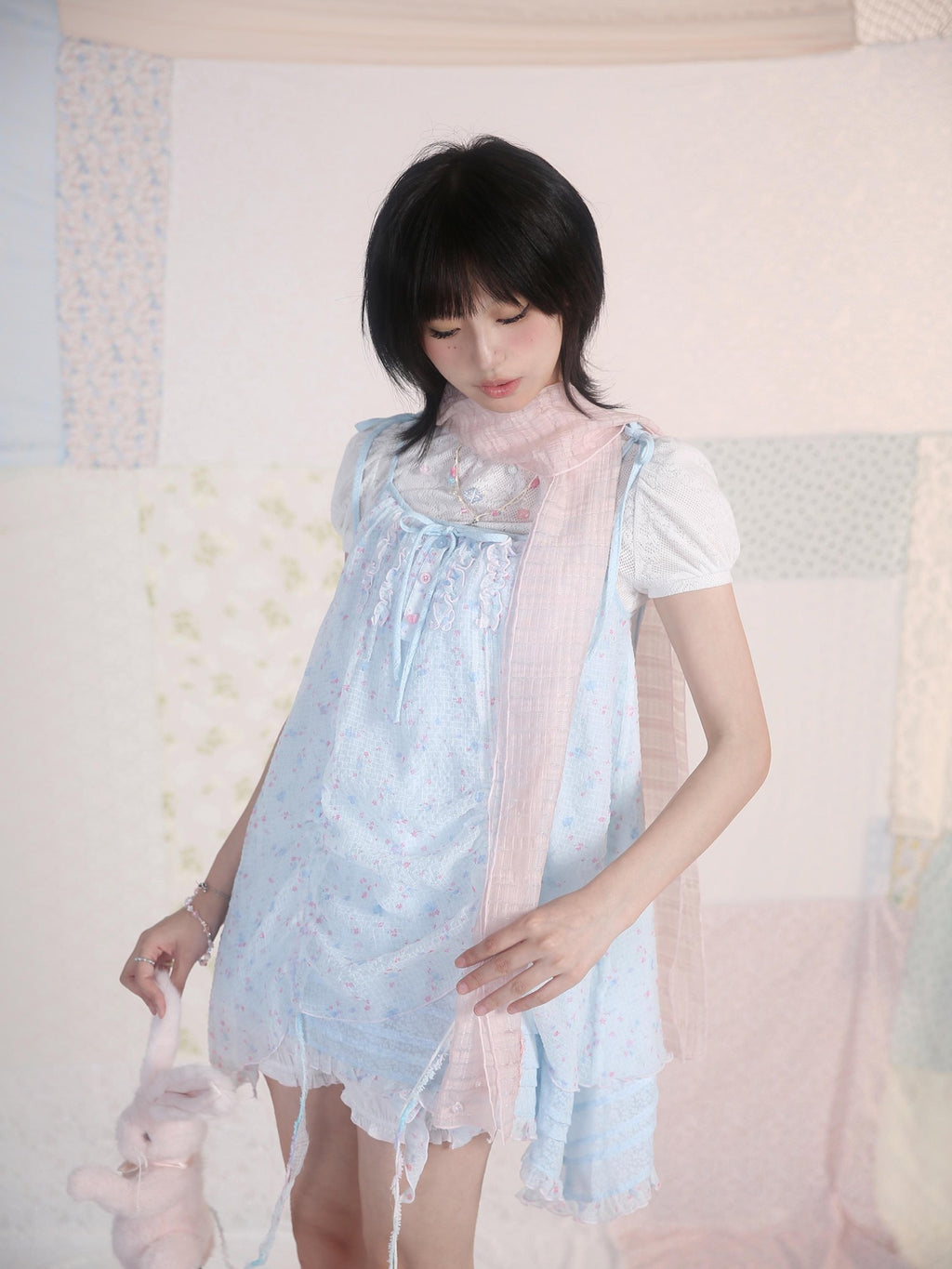 Rose island Ocean Garden Blue Yellow Double Layer Ruched Sweet Women's A Line Casual Mini Dresses