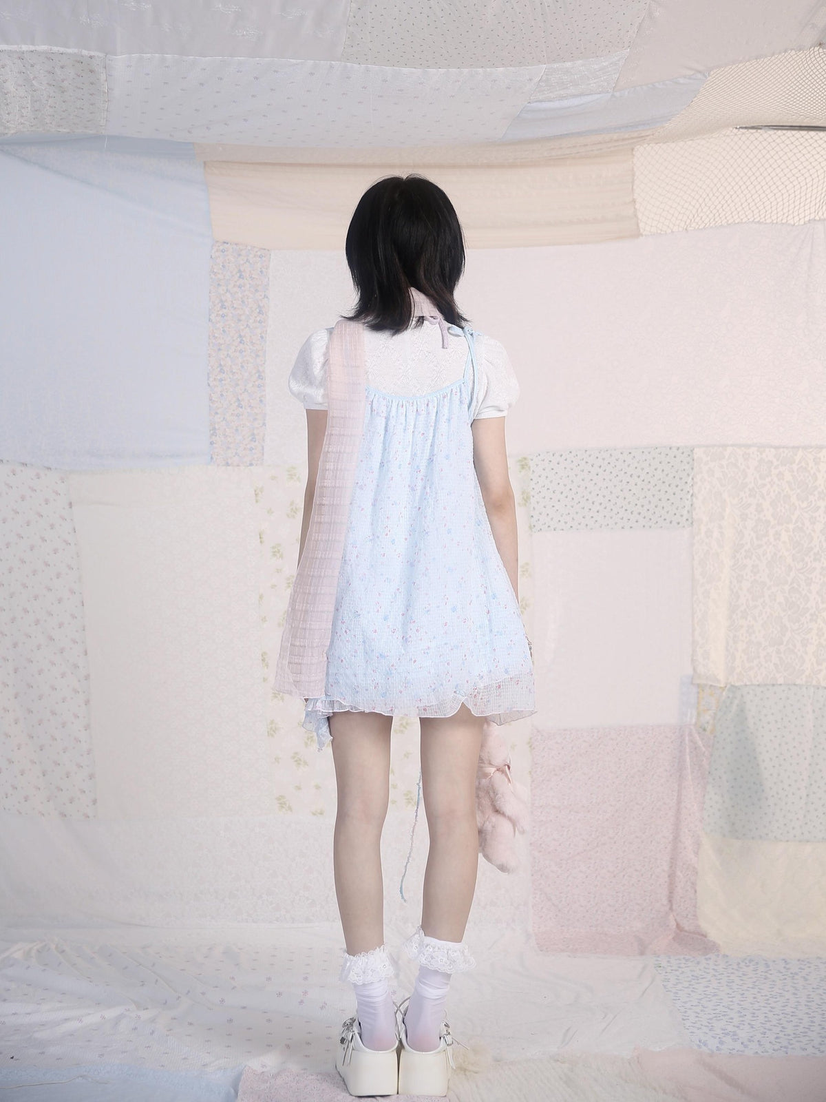 Rose island Ocean Garden Blue Yellow Double Layer Ruched Sweet Women's A Line Casual Mini Dresses