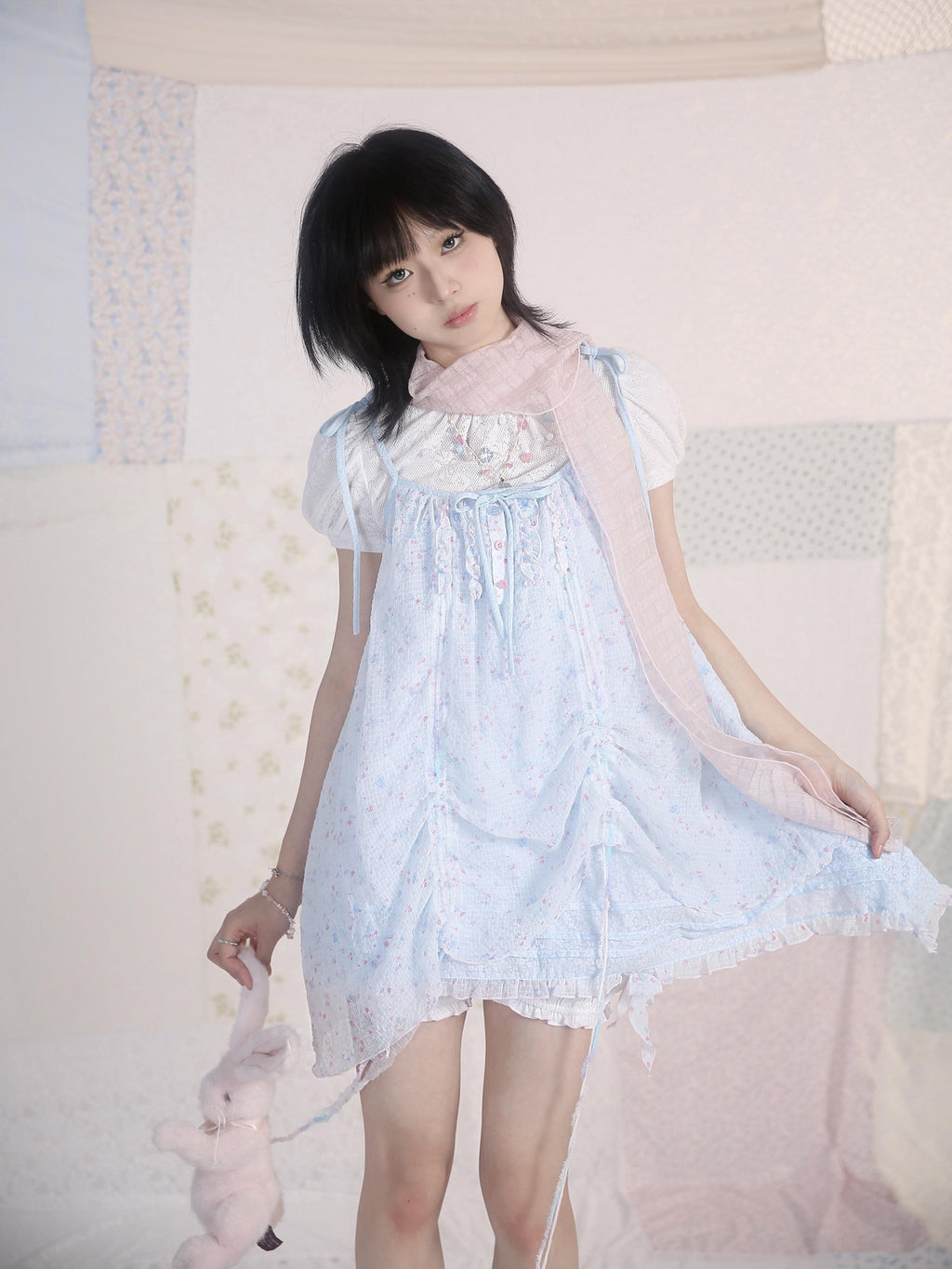 Rose island Ocean Garden Blue Yellow Double Layer Ruched Sweet Women's A Line Casual Mini Dresses
