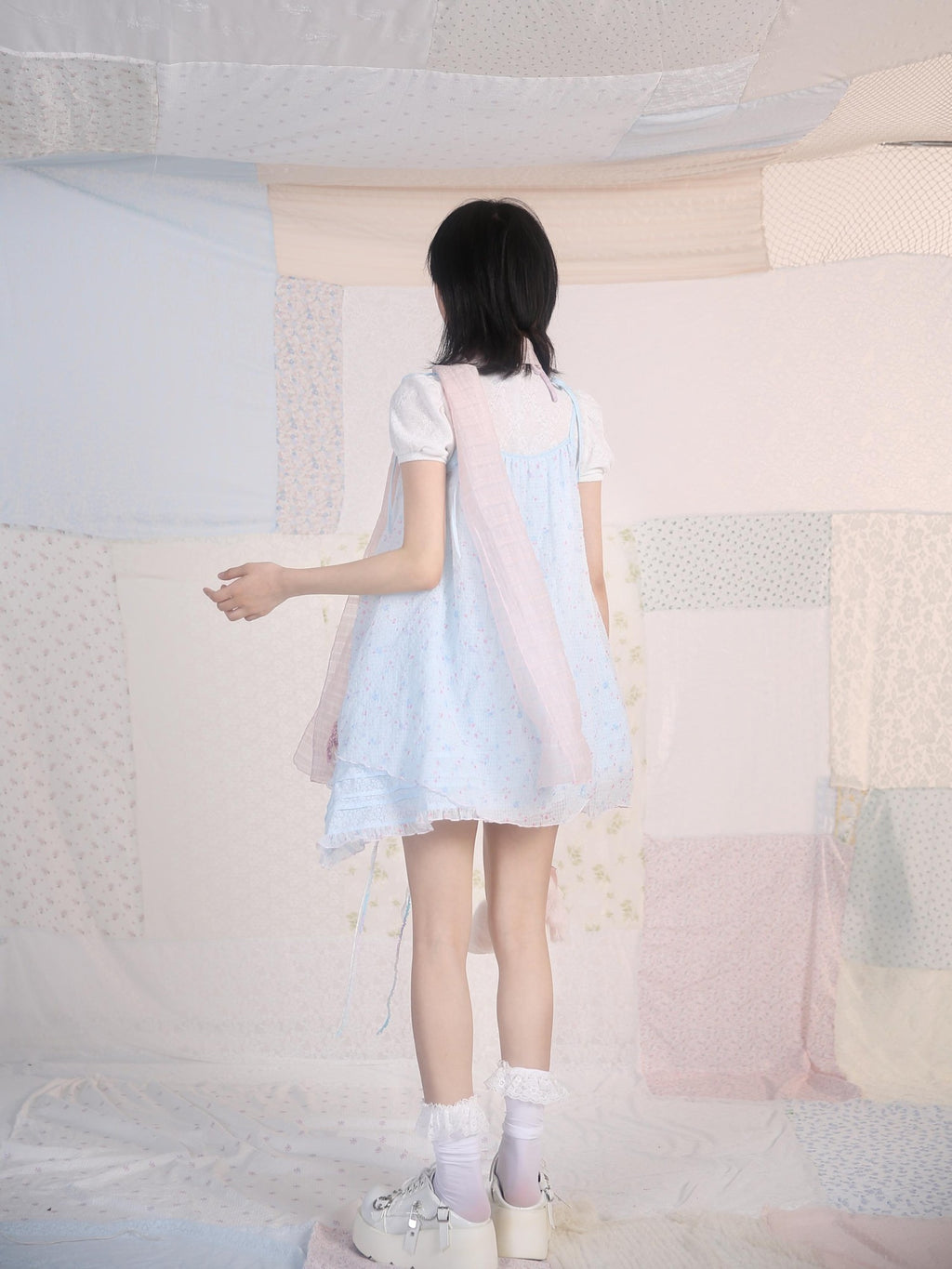 Rose island Ocean Garden Blue Yellow Double Layer Ruched Sweet Women's A Line Casual Mini Dresses