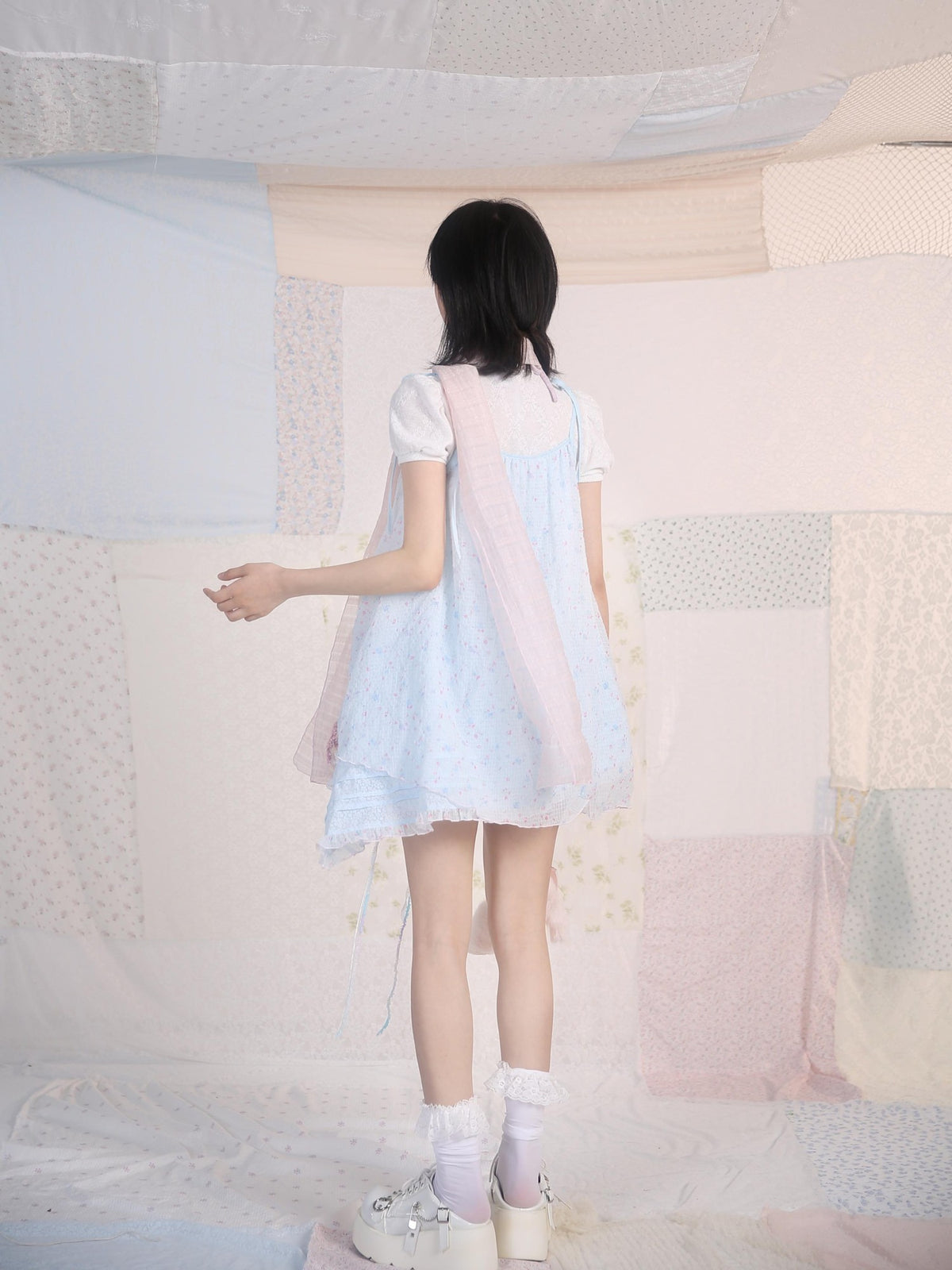 Rose island Ocean Garden Blue Yellow Double Layer Ruched Sweet Women's A Line Casual Mini Dresses