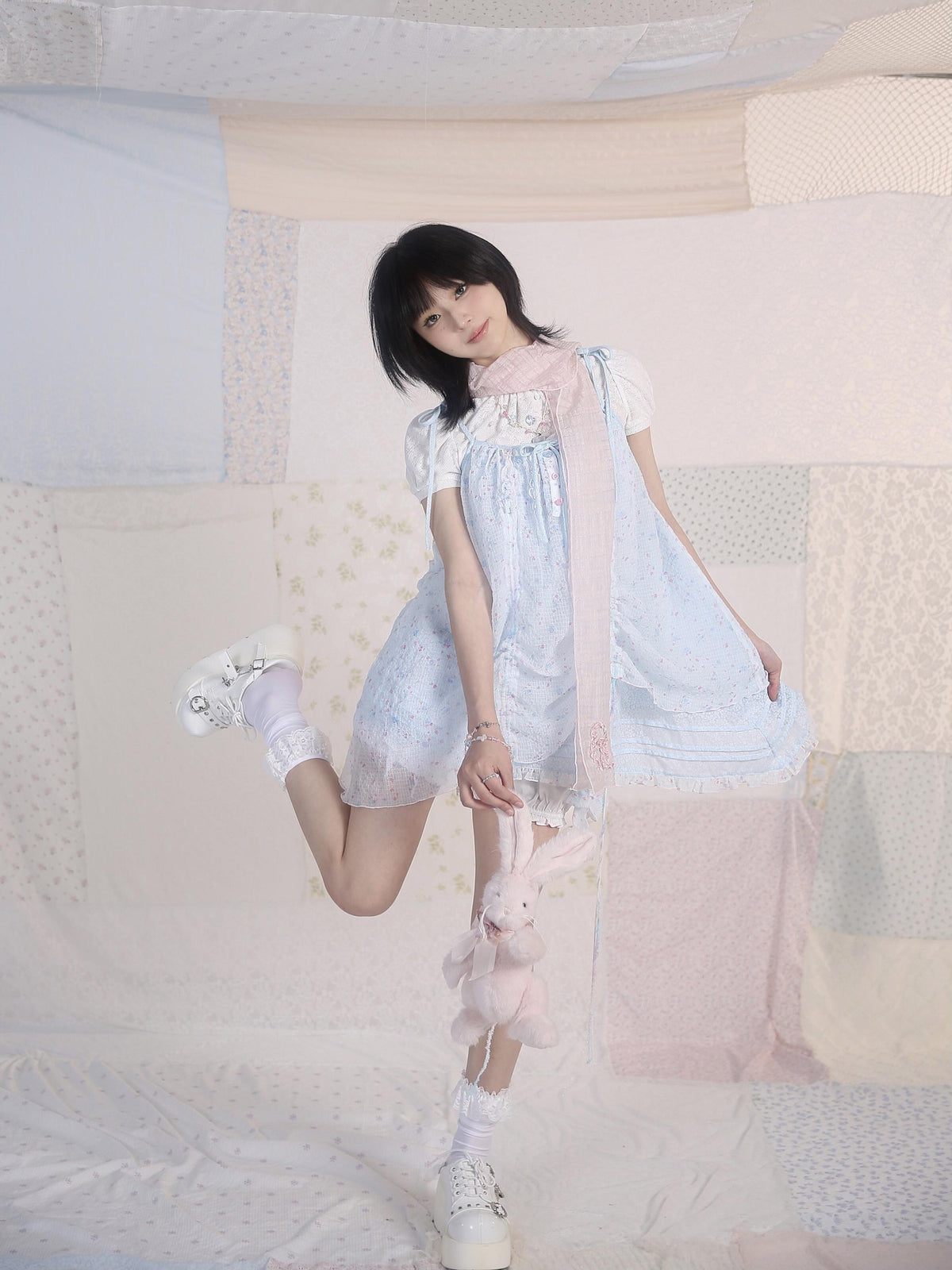 Rose island Ocean Garden Blue Yellow Double Layer Ruched Sweet Women's A Line Casual Mini Dresses