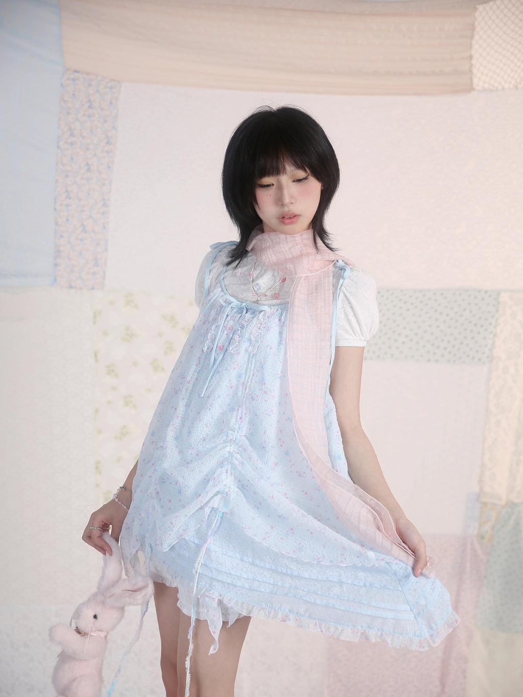 Rose island Ocean Garden Blue Yellow Double Layer Ruched Sweet Women's A Line Casual Mini Dresses