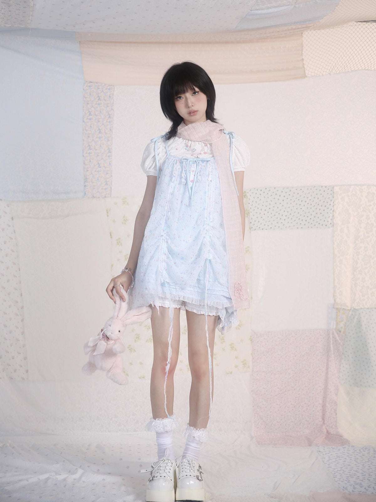 Rose island Ocean Garden Blue Yellow Double Layer Ruched Sweet Women's A Line Casual Mini Dresses