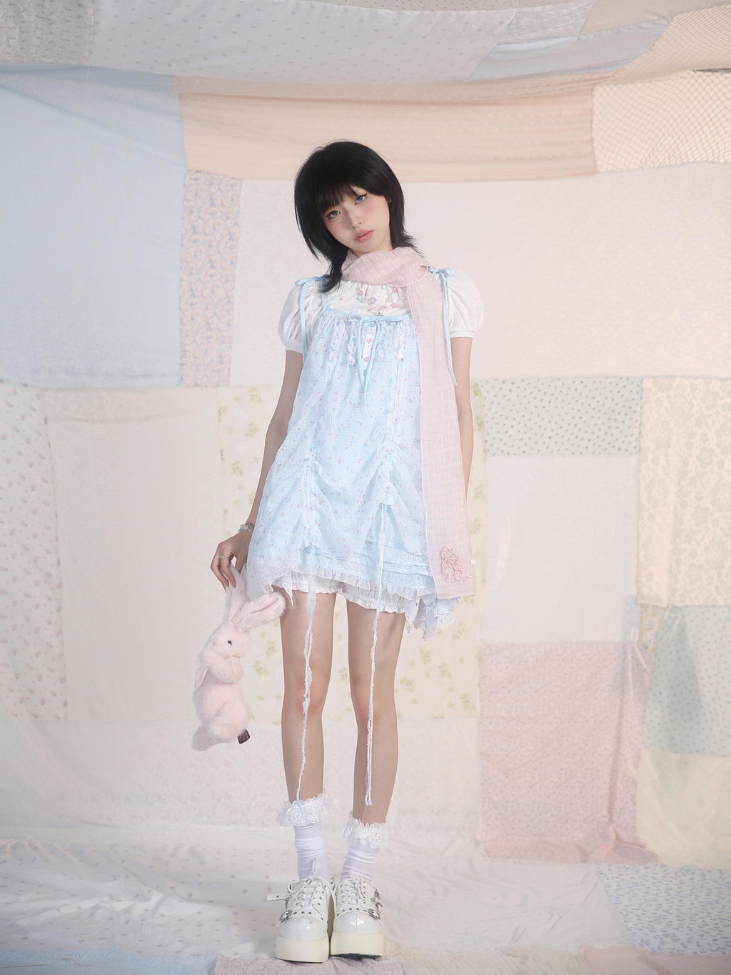 Rose island Ocean Garden Blue Yellow Double Layer Ruched Sweet Women's A Line Casual Mini Dresses