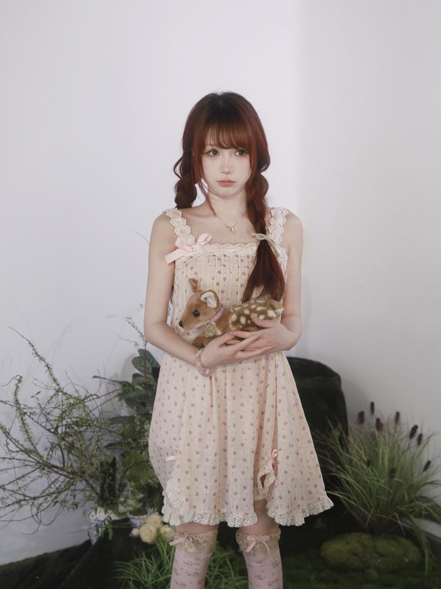 Rose island Ribbon Lace Petal Print High Waist Cotton Women's Slip Midi Dresses