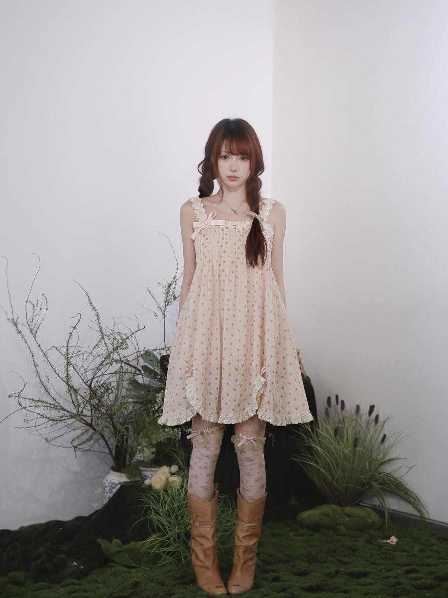 Rose island Ribbon Lace Petal Print High Waist Cotton Women's Slip Midi Dresses