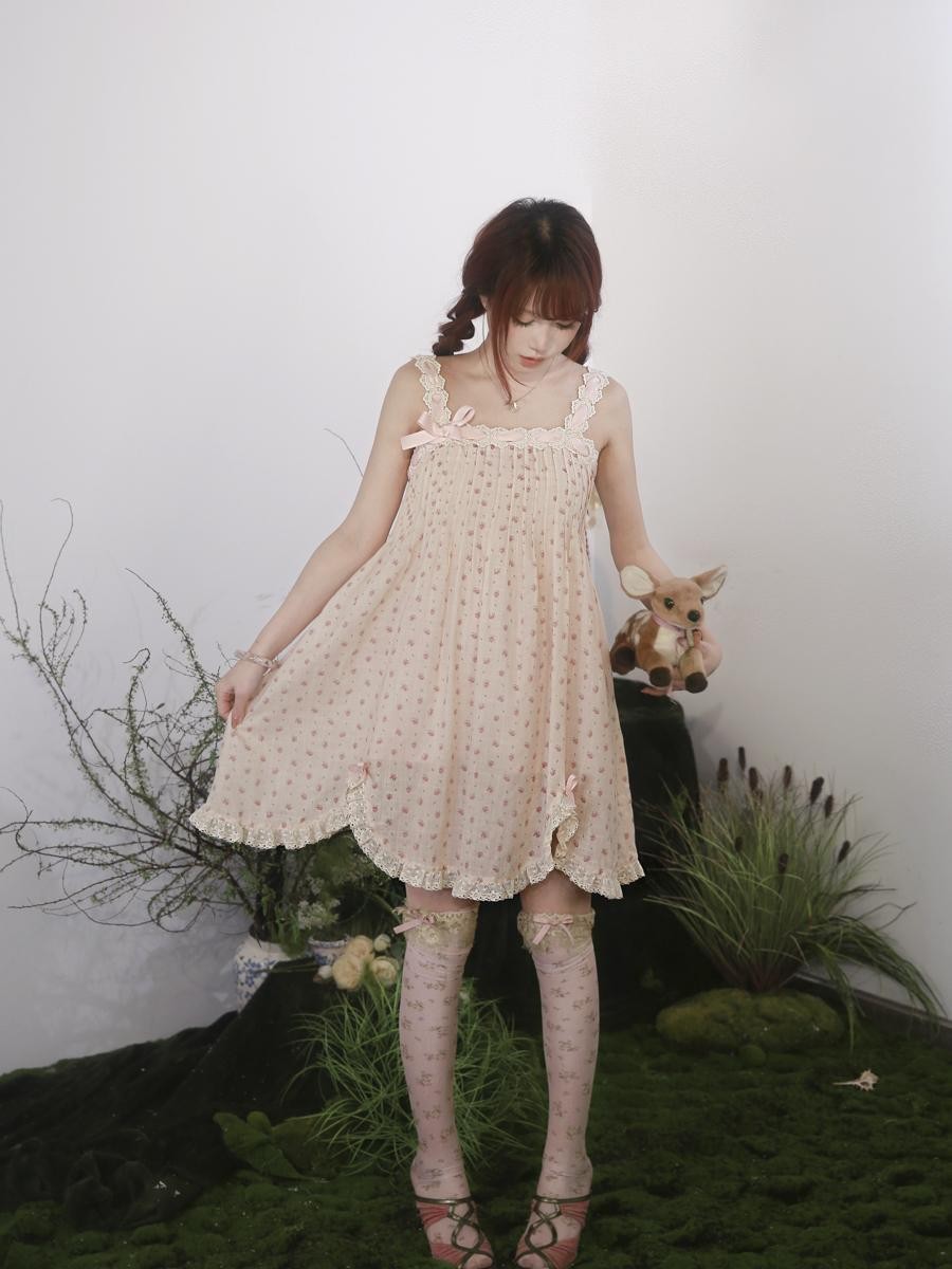 Rose island Ribbon Lace Petal Print High Waist Cotton Women's Slip Midi Dresses