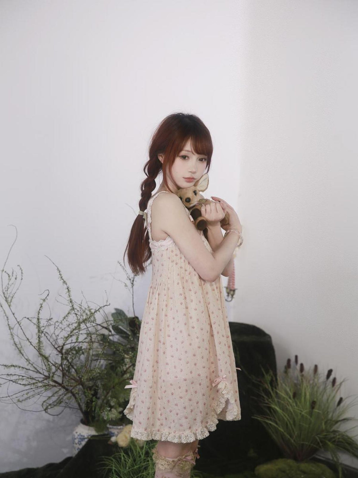 Rose island Ribbon Lace Petal Print High Waist Cotton Women's Slip Midi Dresses