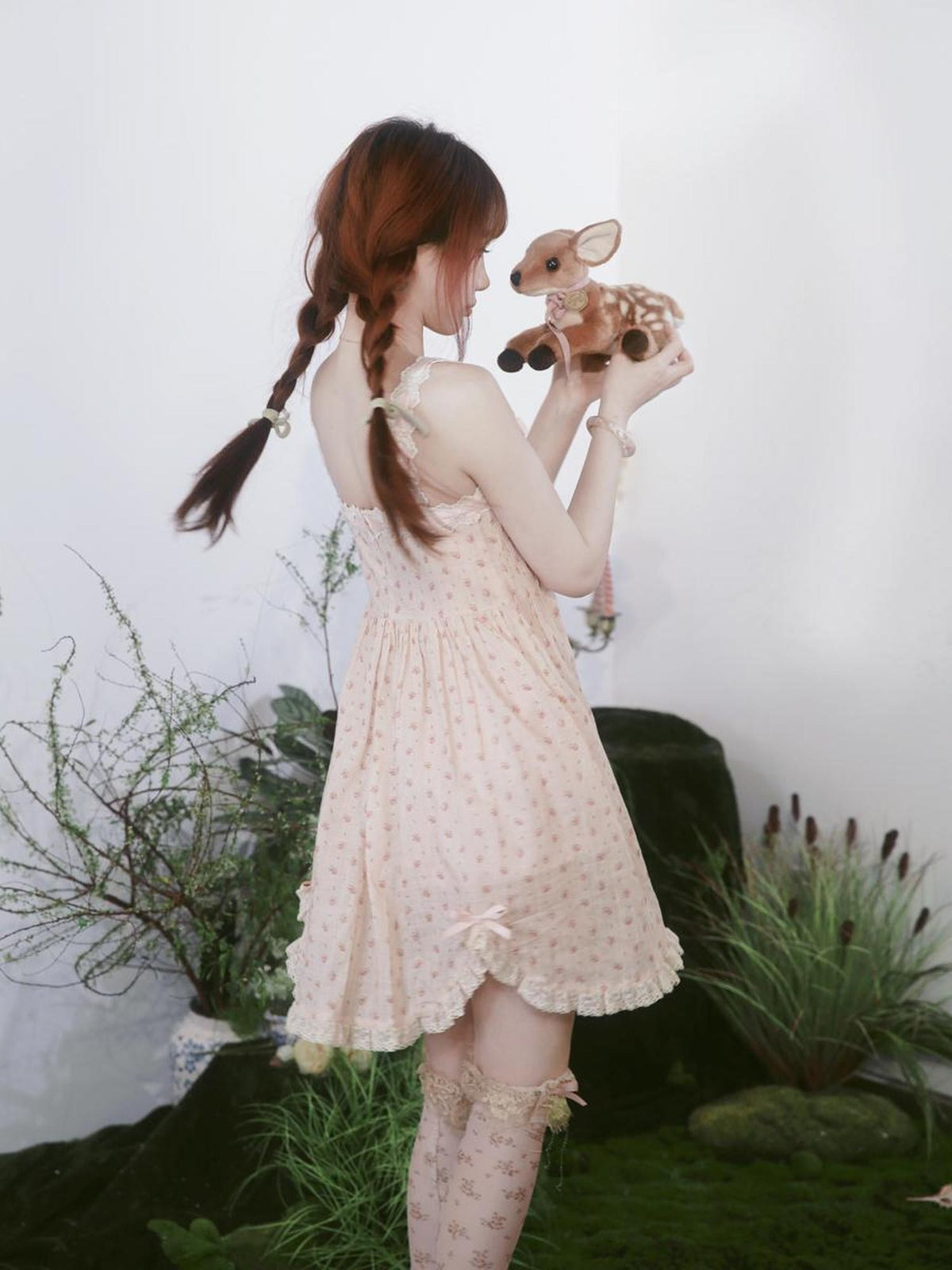 Rose island Ribbon Lace Petal Print High Waist Cotton Women's Slip Midi Dresses