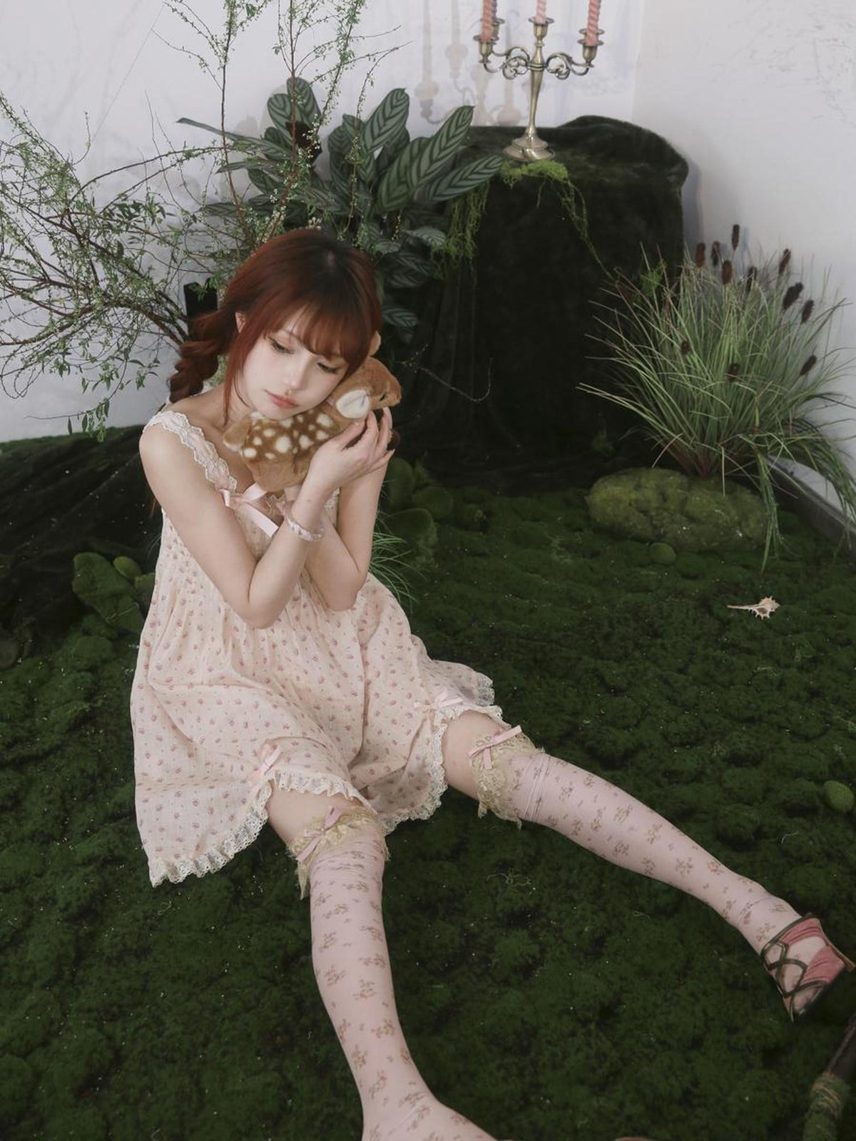 Rose island Ribbon Lace Petal Print High Waist Cotton Women's Slip Midi Dresses