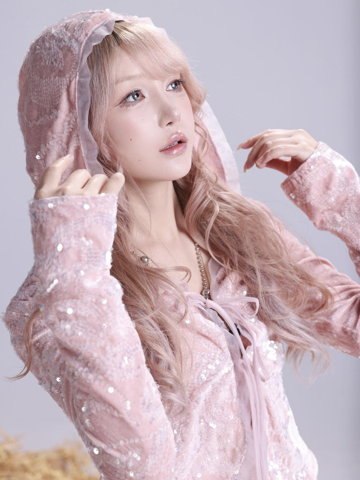 Rose island Sheer Sequin Velvet Hooded Slim Fit Women's Long Sleeve Boleros & Shrugs