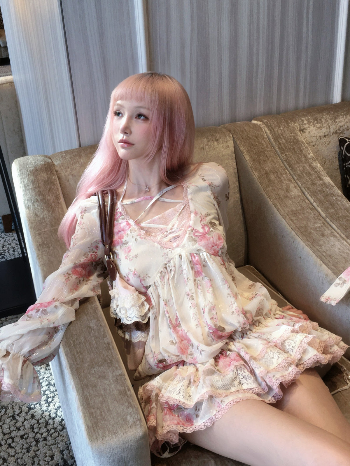 Rose island Shimmer Chiffon Long Sleeve Bustle Hem Women's Babydoll Mini Dresses