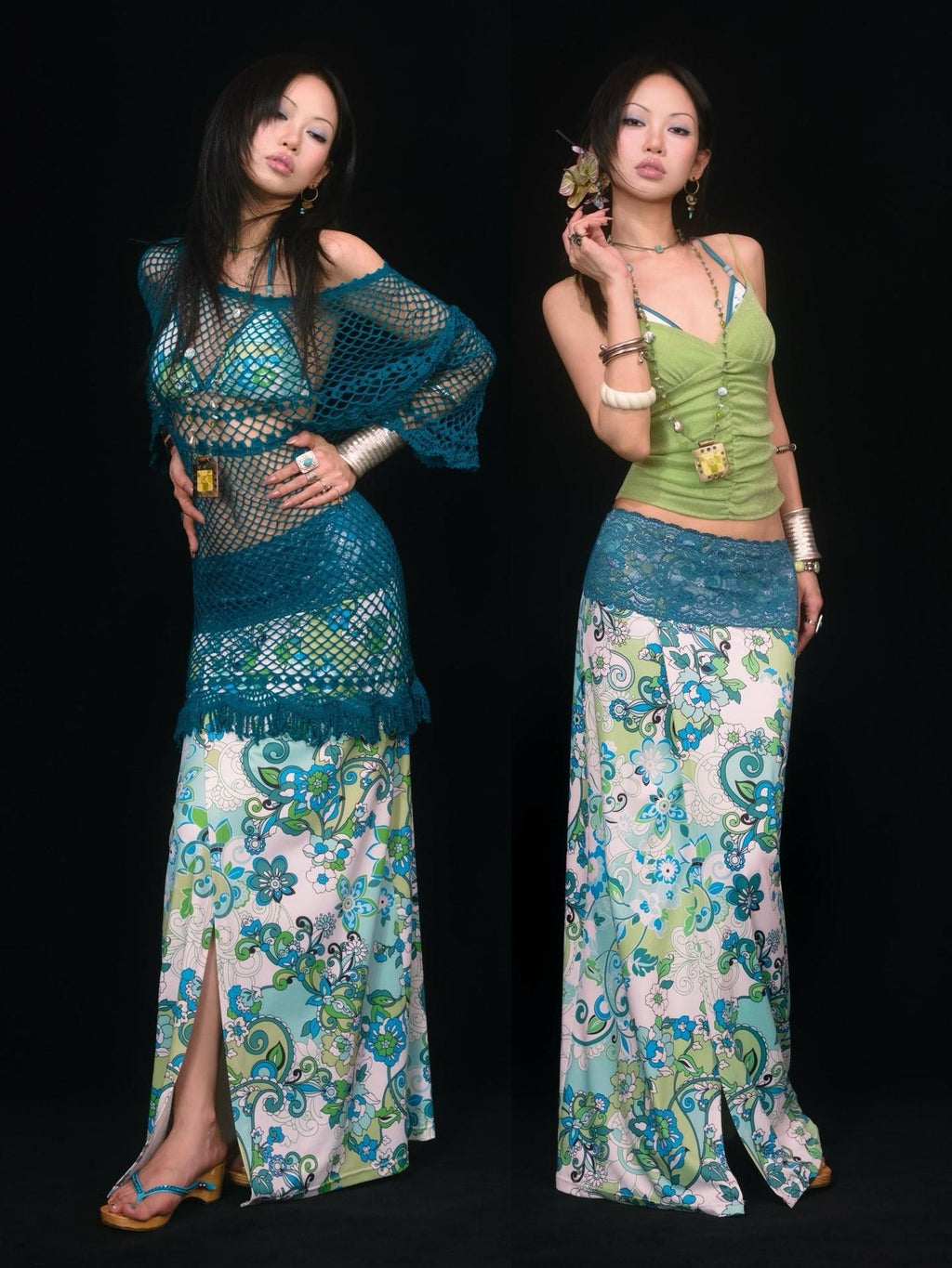 SCCREBEL Blue Green Paisley Print Tie Splice Front Slit Low Waist Women's Skirted Bikinis