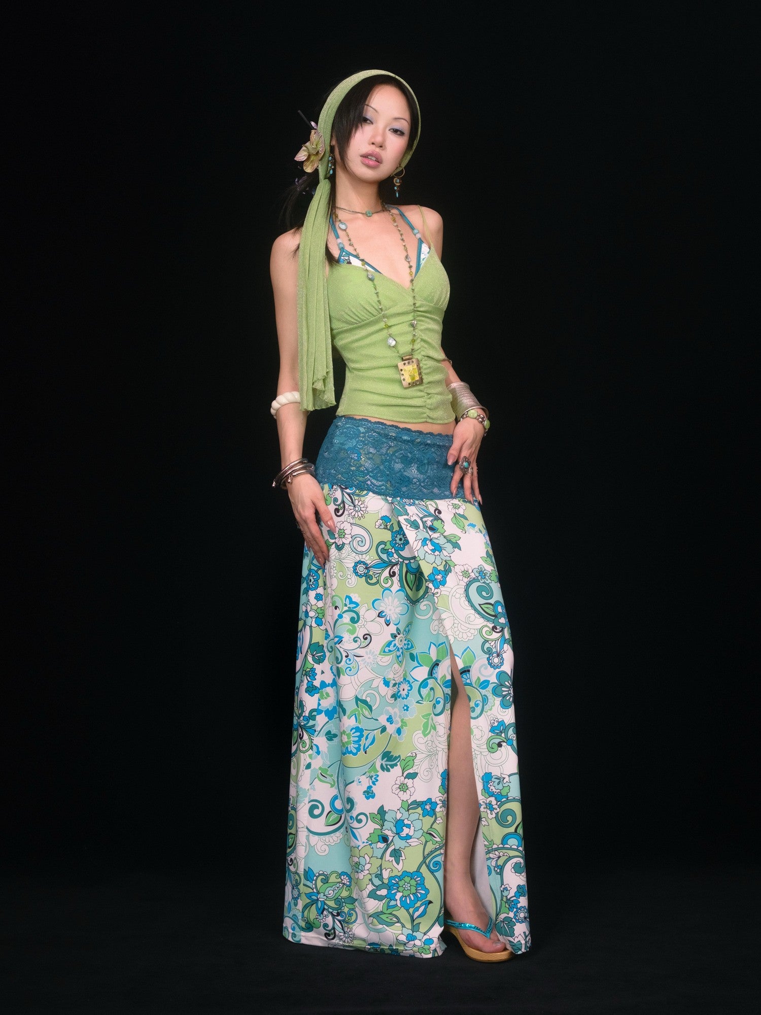 SCCREBEL Blue Green Paisley Print Tie Splice Front Slit Low Waist Women's Skirted Bikinis
