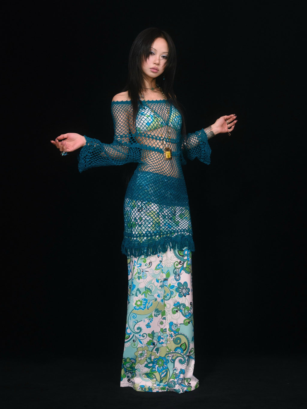 SCCREBEL Blue Green Paisley Print Tie Splice Front Slit Low Waist Women's Skirted Bikinis