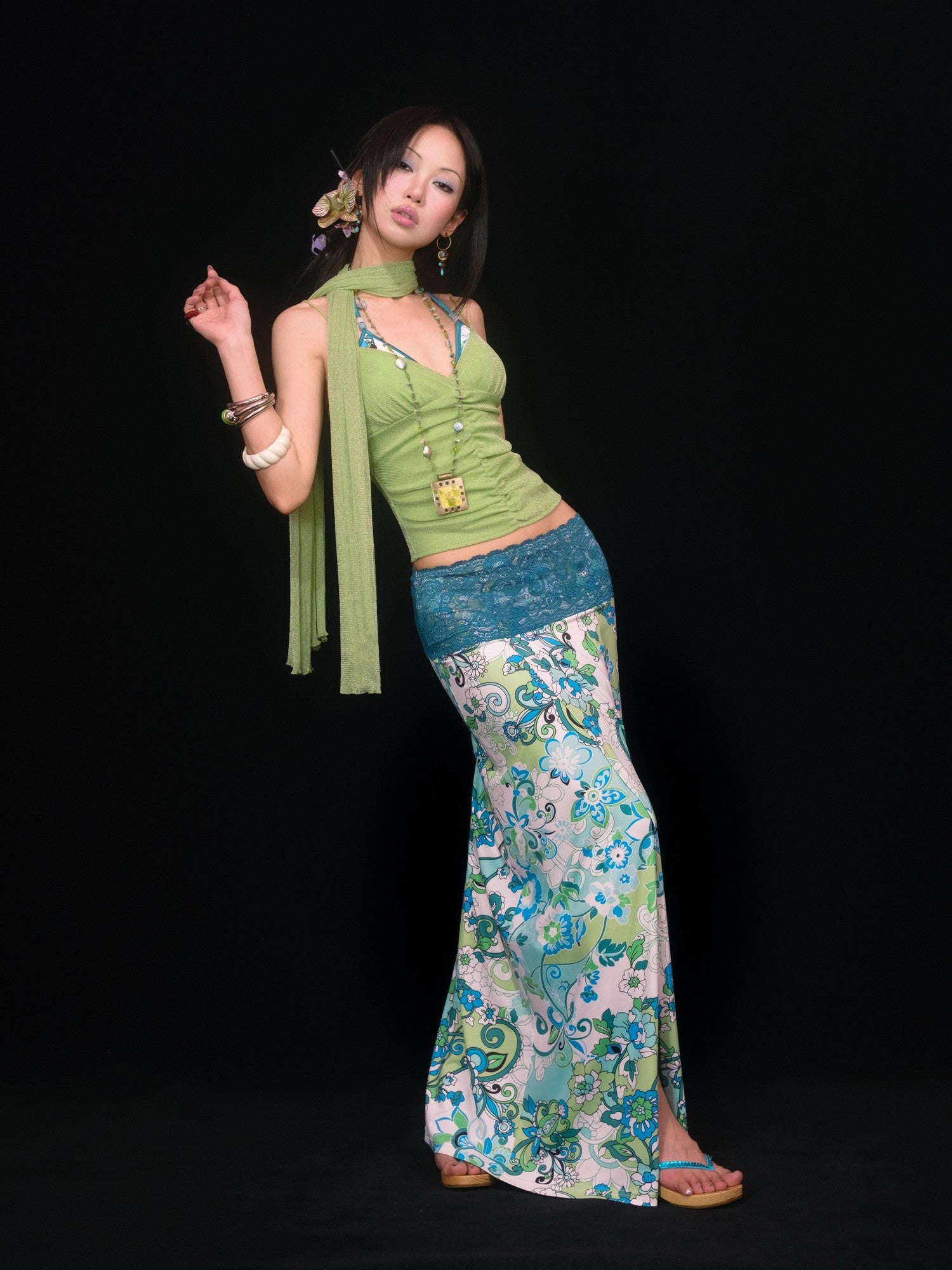 SCCREBEL Blue Green Paisley Print Tie Splice Front Slit Low Waist Women's Skirted Bikinis