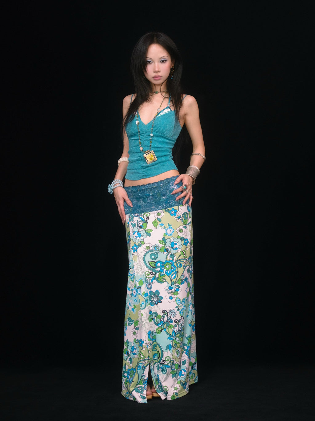 SCCREBEL Blue Green Paisley Print Tie Splice Front Slit Low Waist Women's Skirted Bikinis