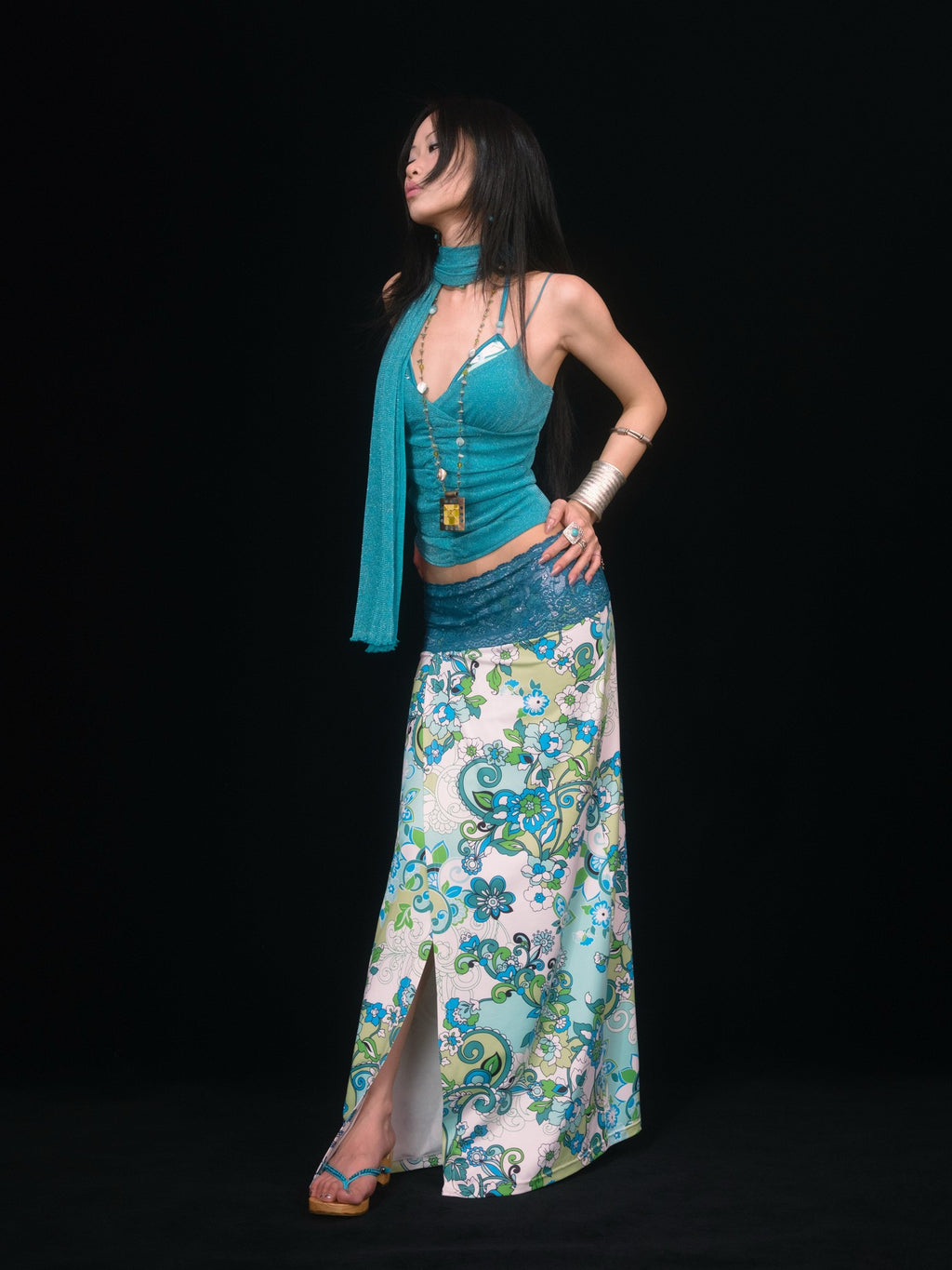 SCCREBEL Blue Green Paisley Print Tie Splice Front Slit Low Waist Women's Skirted Bikinis