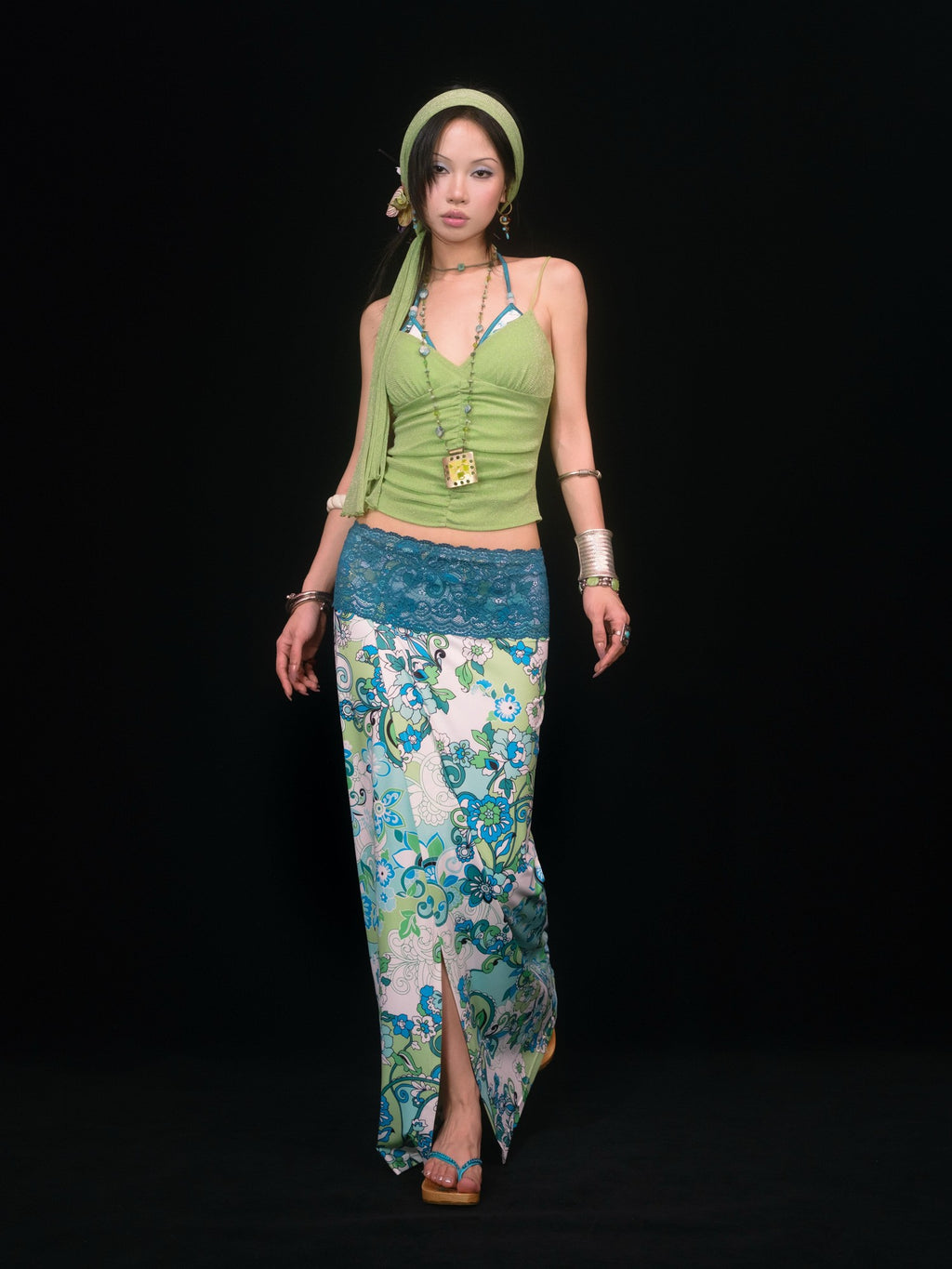 SCCREBEL Blue Green Paisley Print Tie Splice Front Slit Low Waist Women's Skirted Bikinis