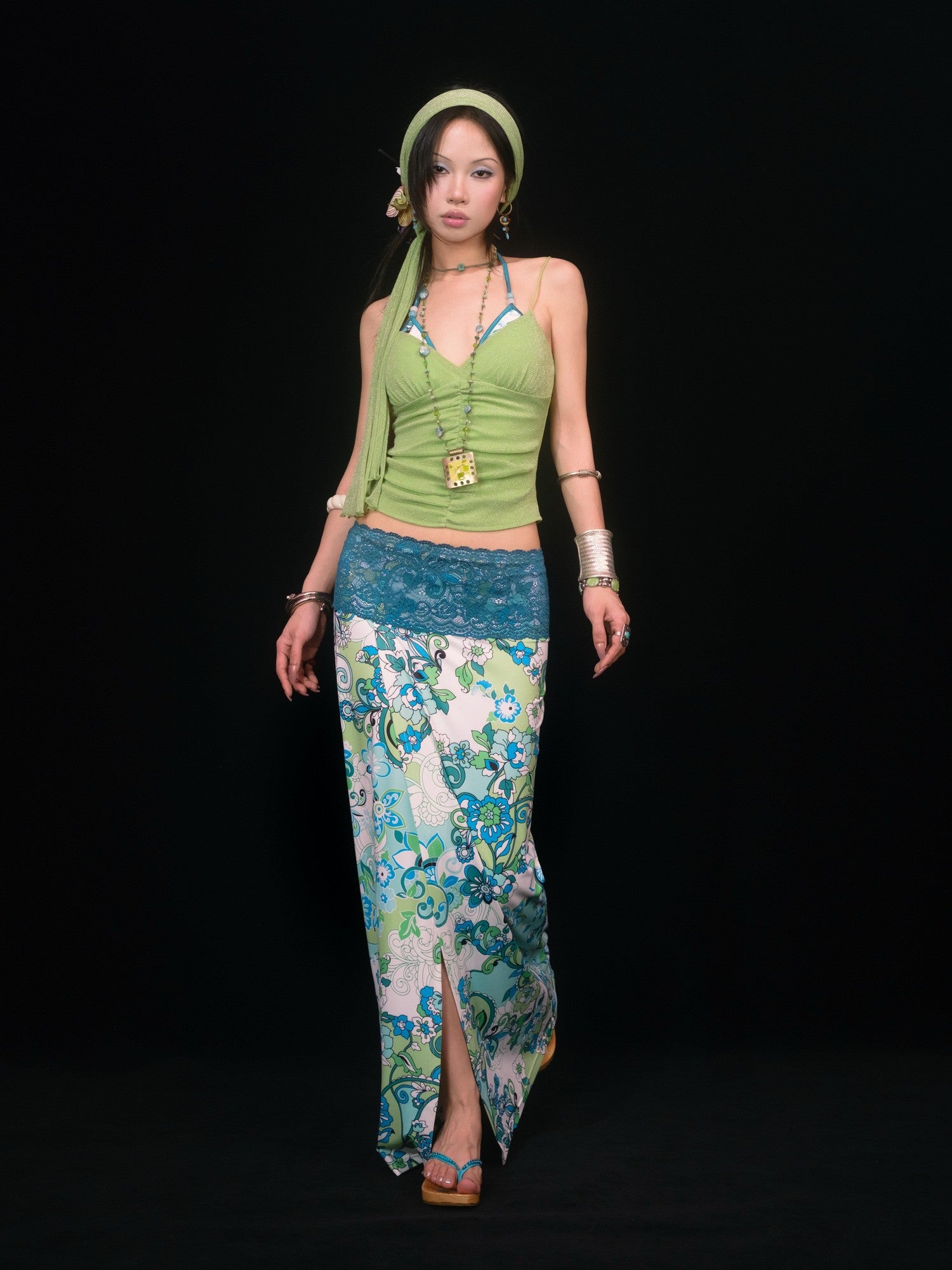 SCCREBEL Blue Green Paisley Print Tie Splice Front Slit Low Waist Women's Skirted Bikinis