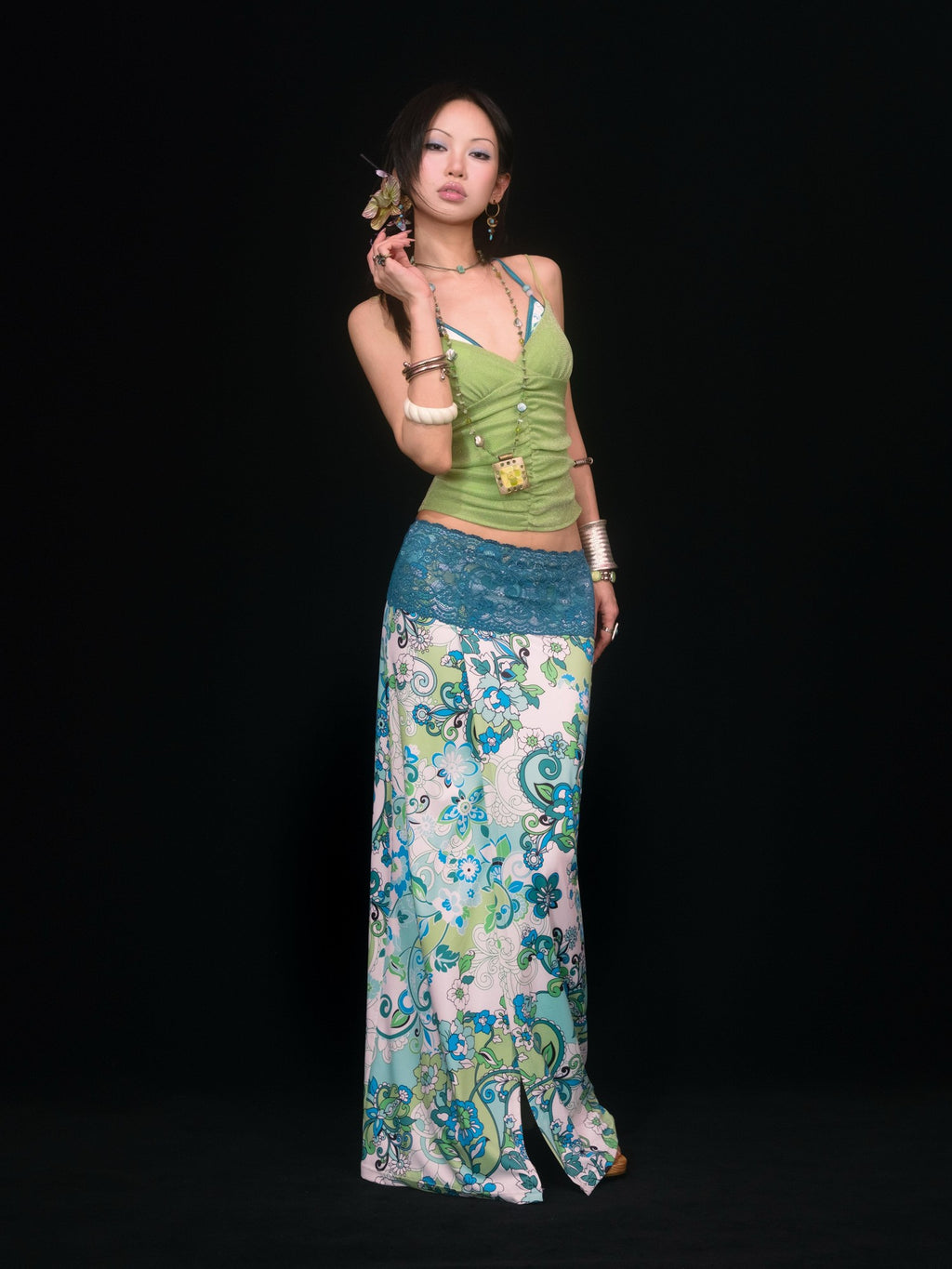 SCCREBEL Blue Green Paisley Print Tie Splice Front Slit Low Waist Women's Skirted Bikinis